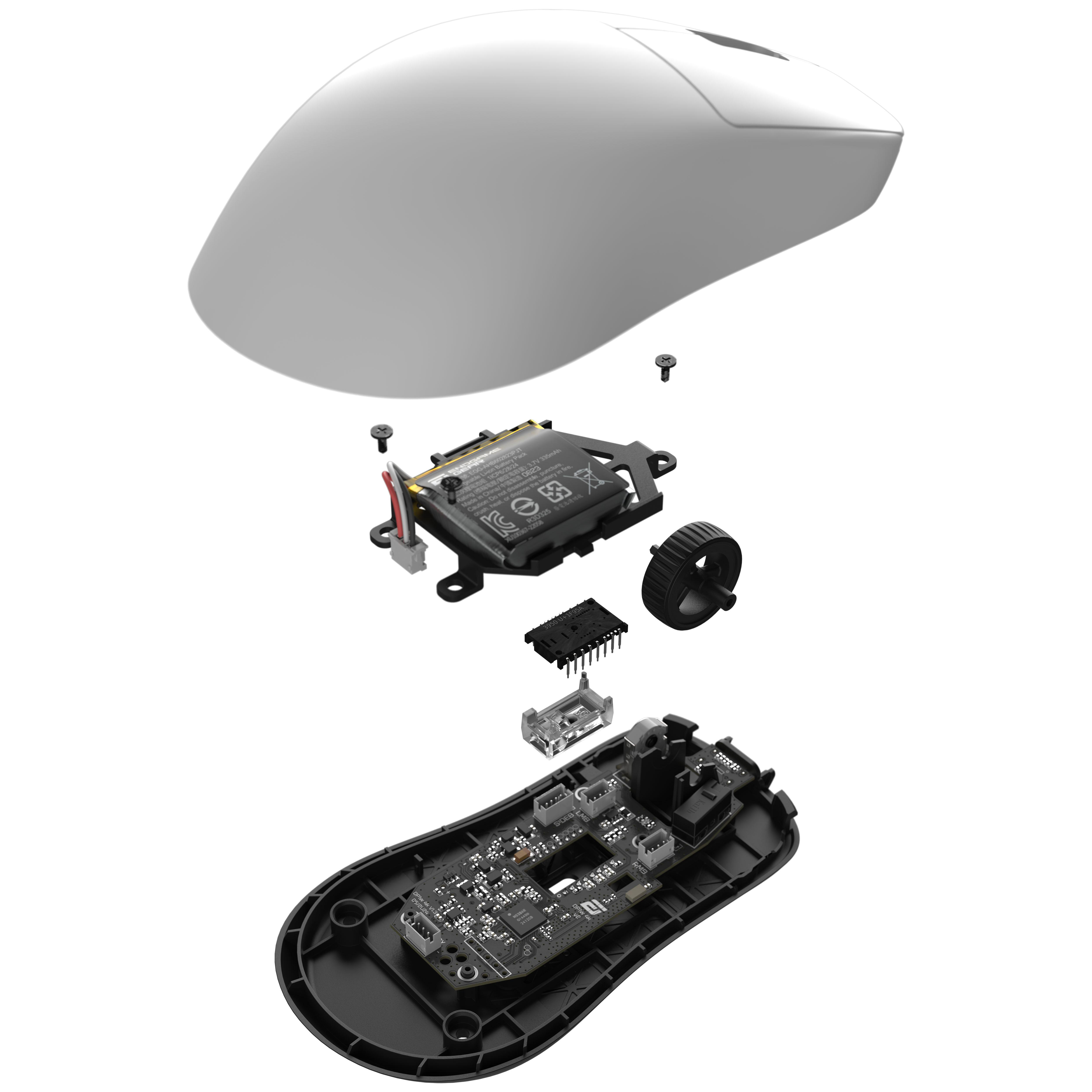 Explosionsdarstellung einer weißen Computermaus mit abgenommenem Gehäuse, Batterie, Platine, Scrollrad und Kleinteilen.
