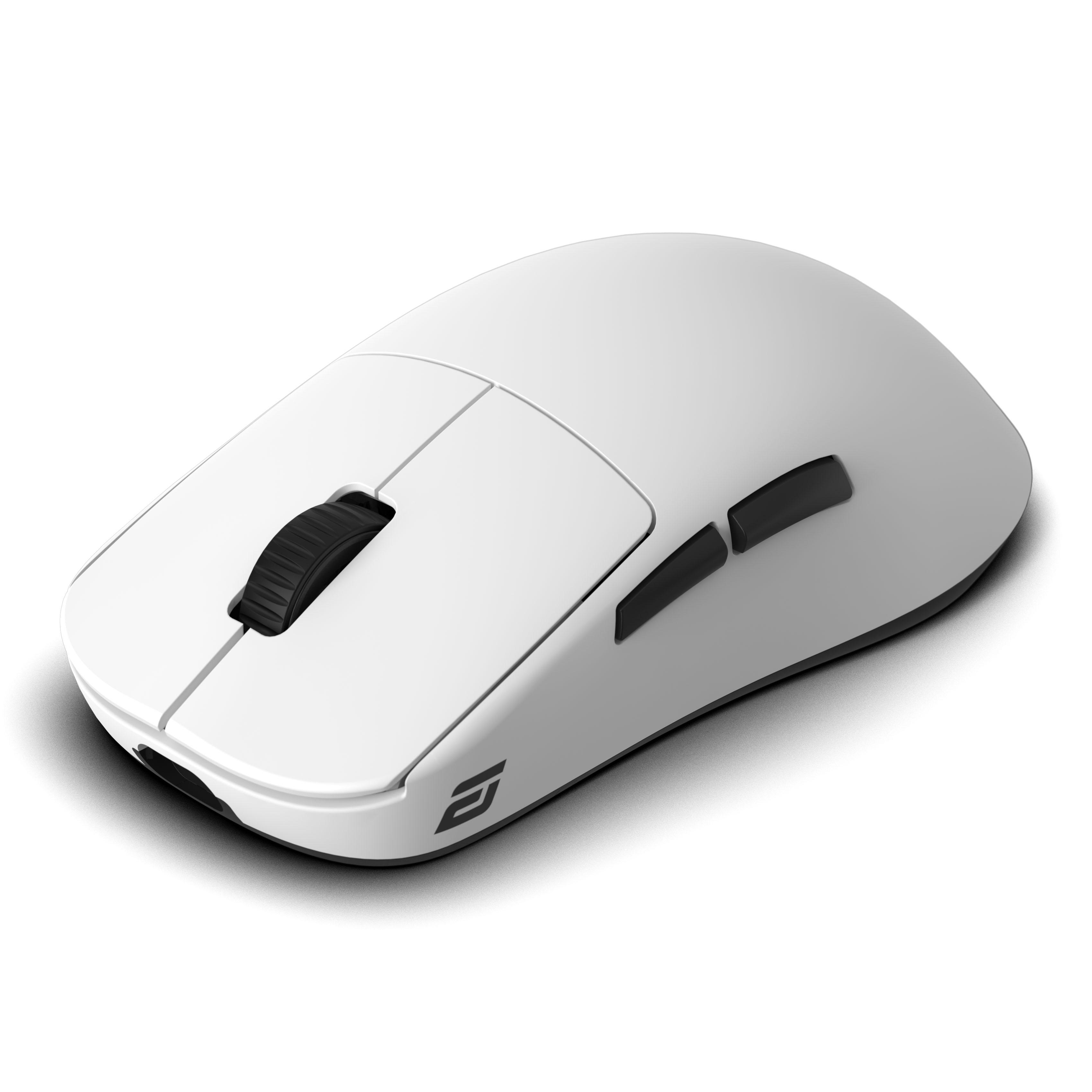 Eine weiße kabellose Gaming-Maus mit schwarzem Scrollrad und Seitentasten auf weißem Hintergrund.