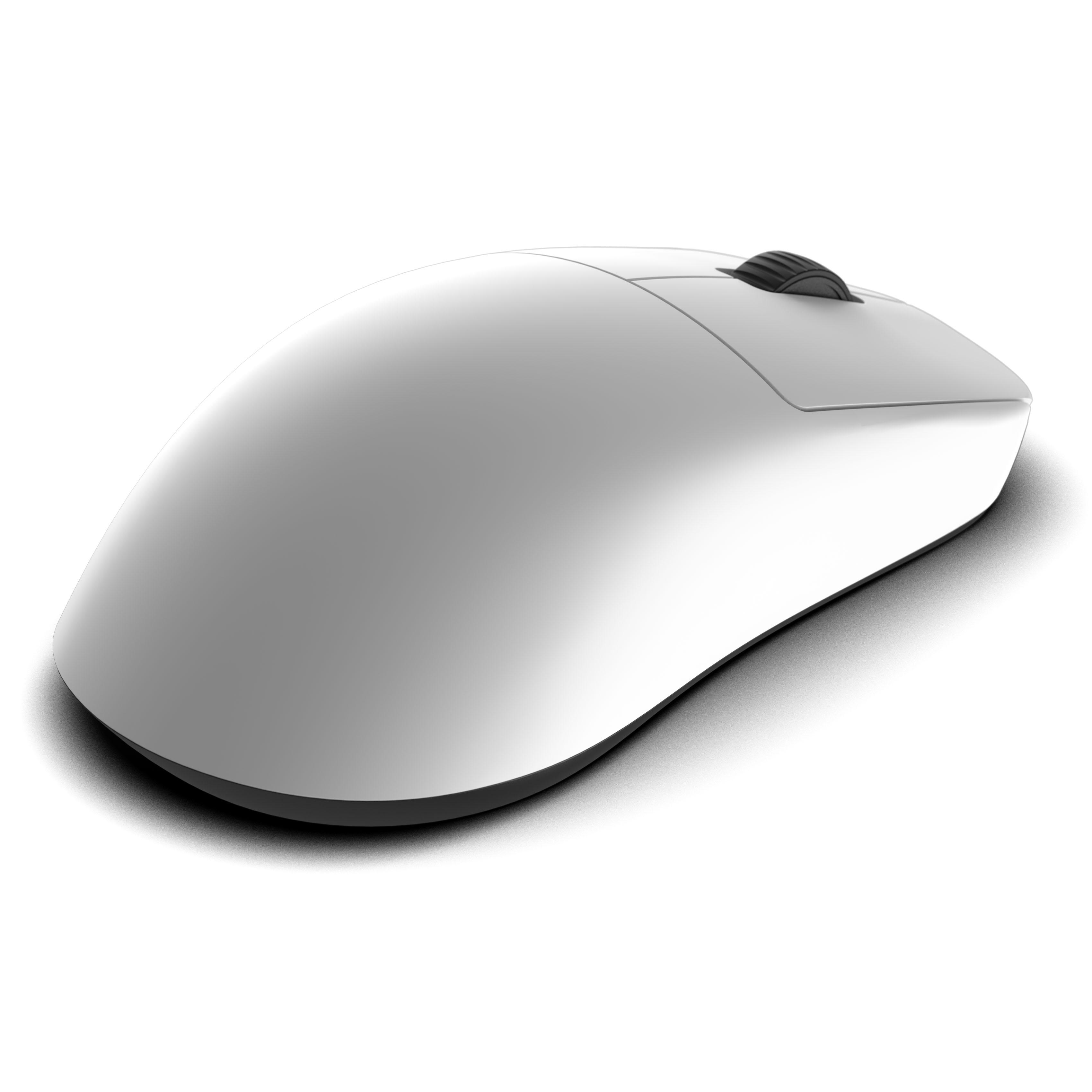 Eine elegante weiße Computermaus mit einem schwarzen Scrollrad liegt auf einer hellen Oberfläche.