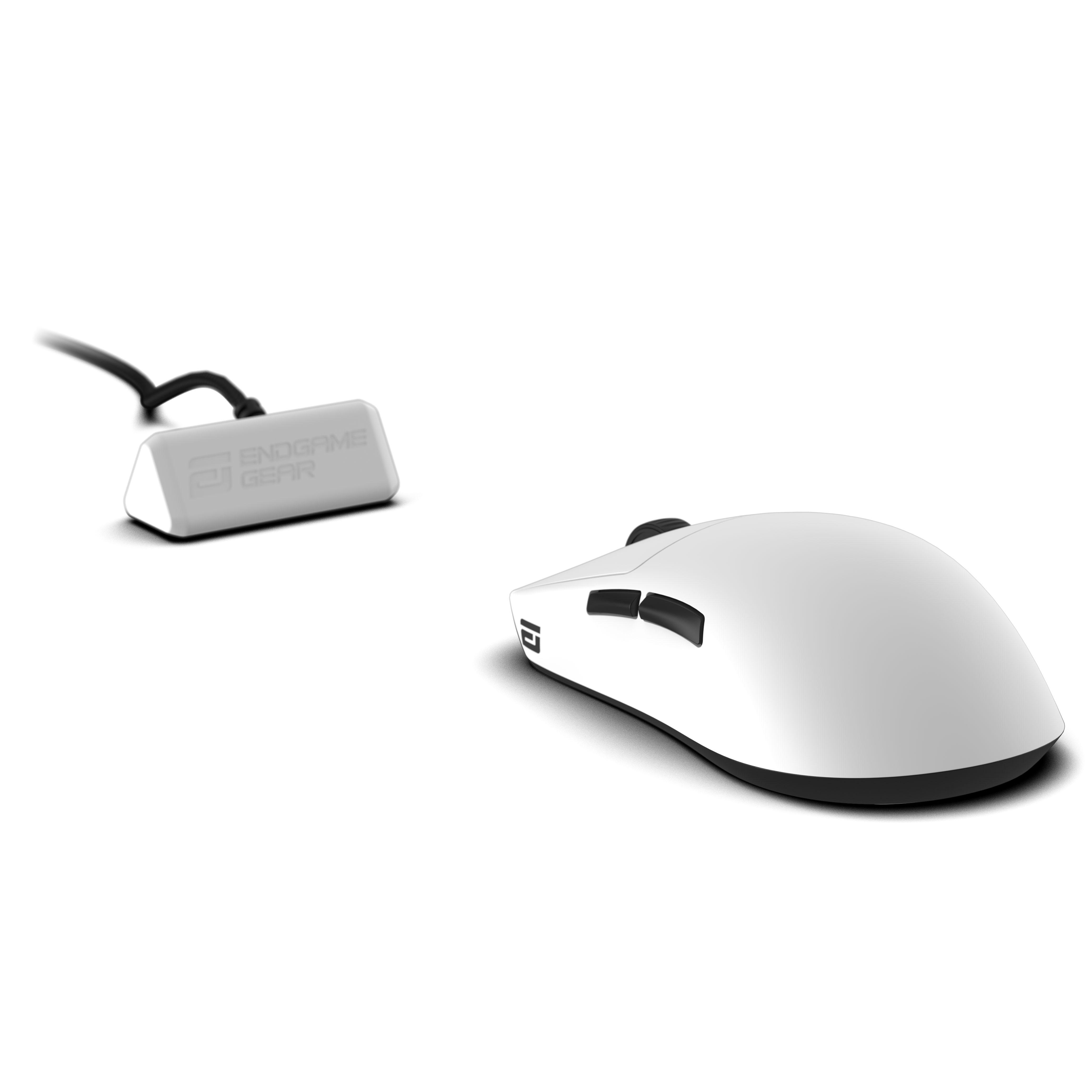 Eine weiße kabellose Gaming-Maus mit schwarzem Scrollrad und ein kleiner weißer Empfänger mit Kabel auf weißem Hintergrund.