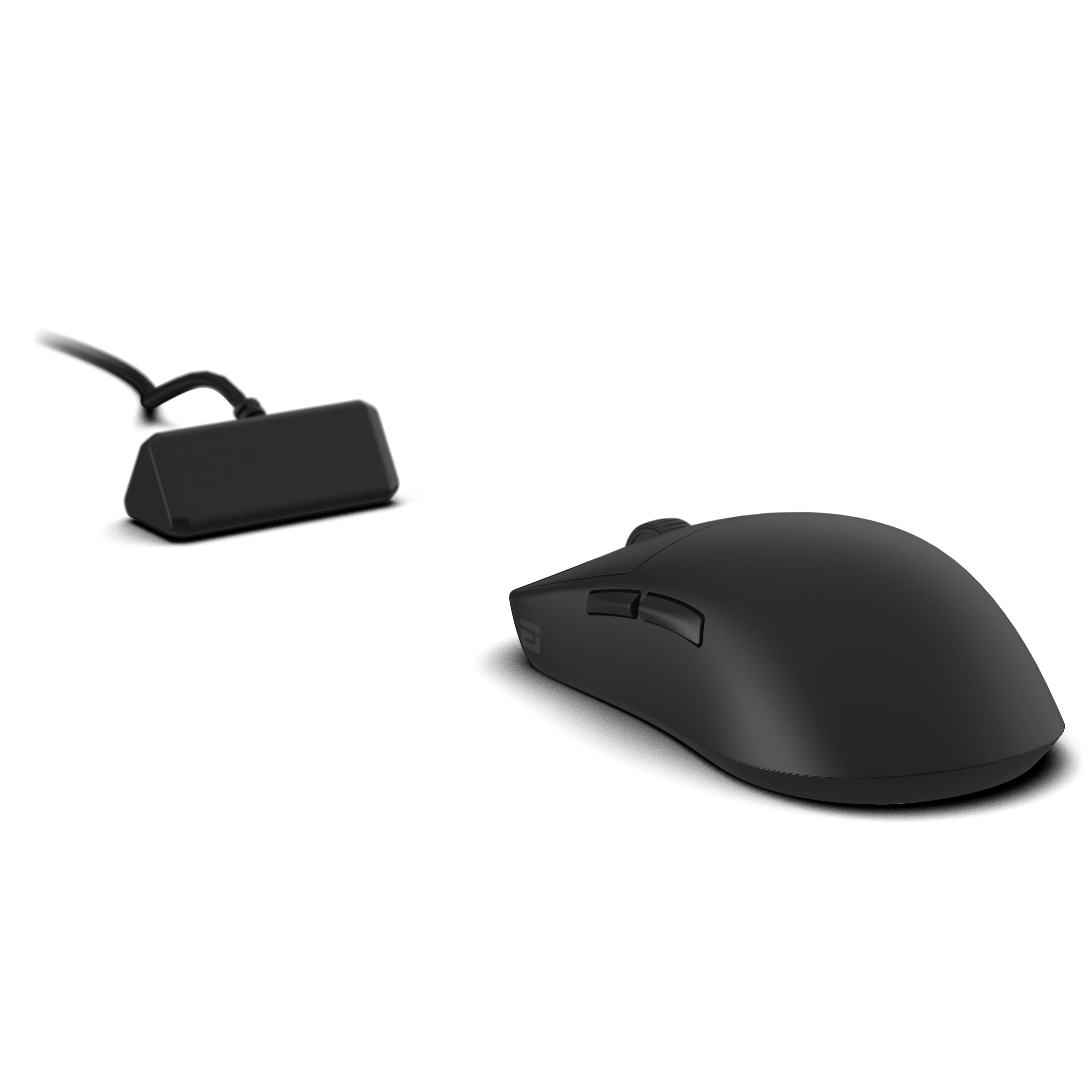 Eine schwarze Computermaus und ein kleines Gerät mit Kabel auf weißem Hintergrund.