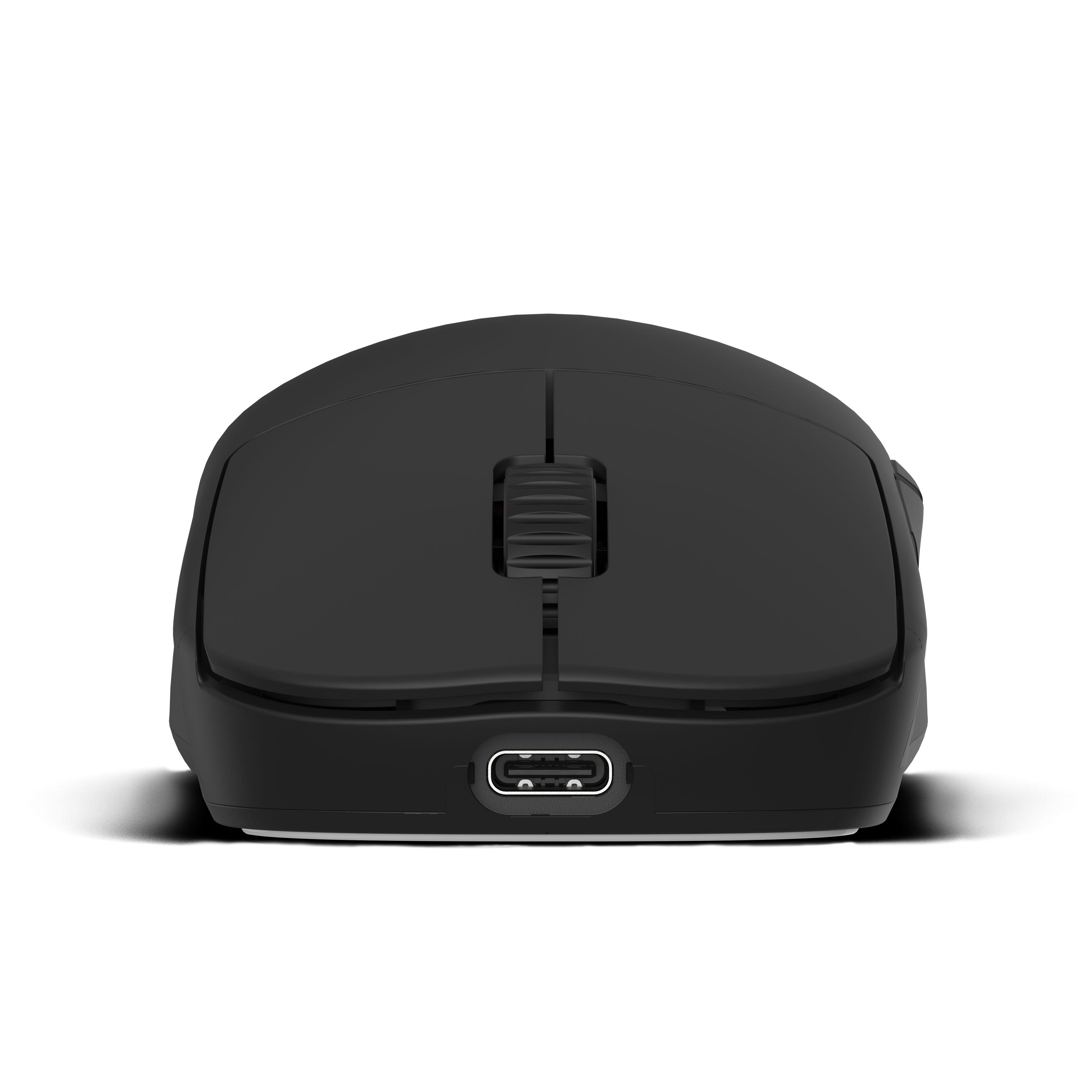 Vorderansicht einer schwarzen kabellosen Computermaus mit einem Scrollrad und einem USB-C-Anschluss.