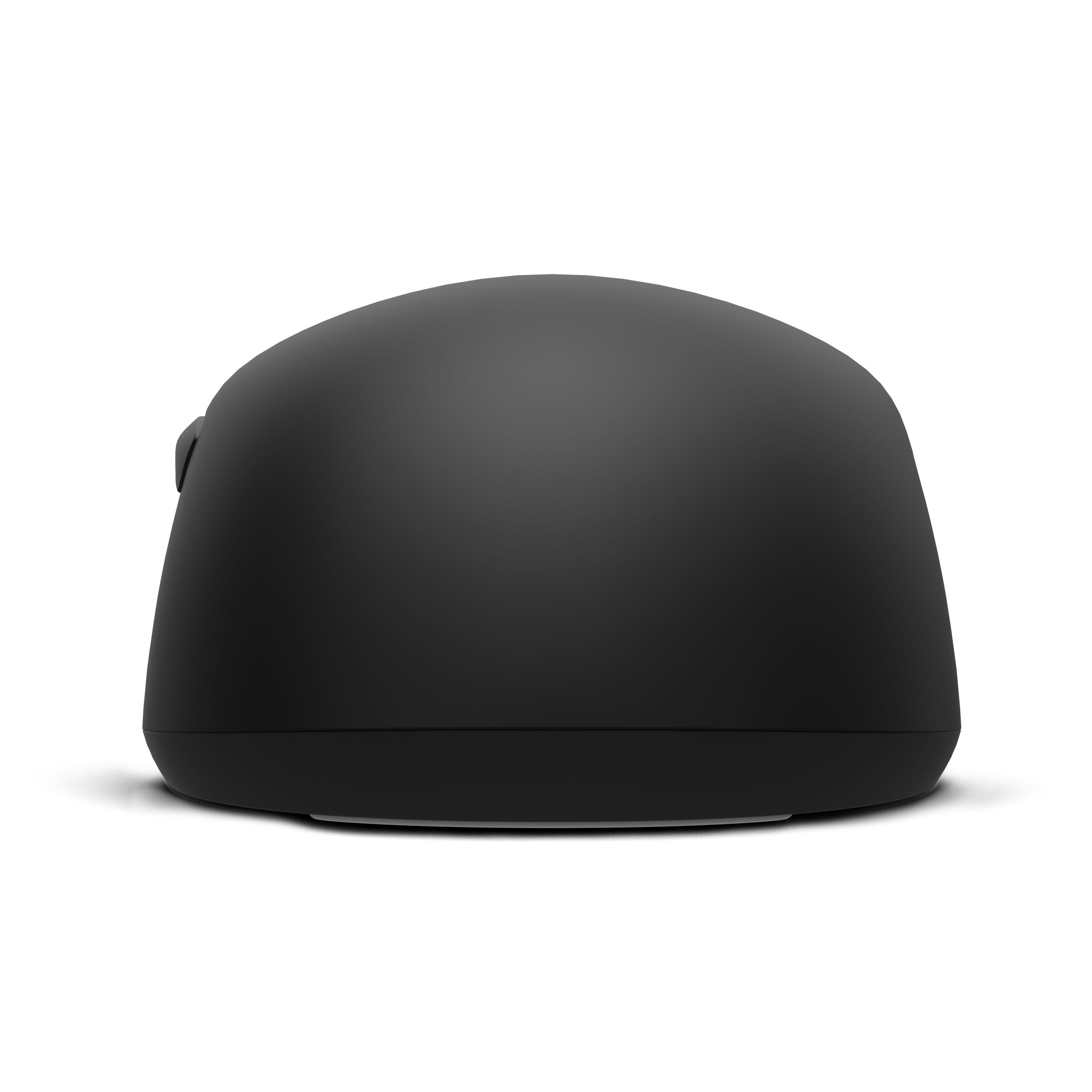 Eine glatte, mattschwarze, kuppelförmige Computermaus auf weißem Hintergrund.