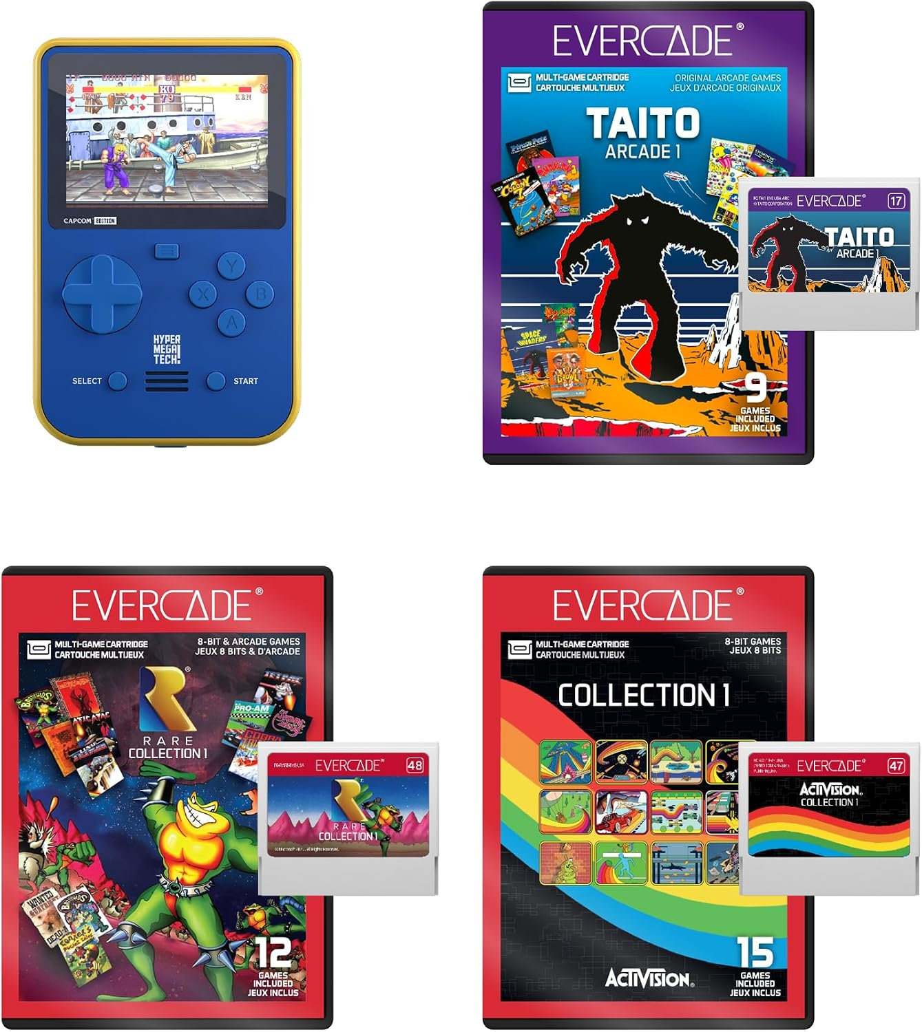 Consola retro azul y amarilla con pantalla, y tres cajas de colecciones de juegos y cartuchos Evercade.