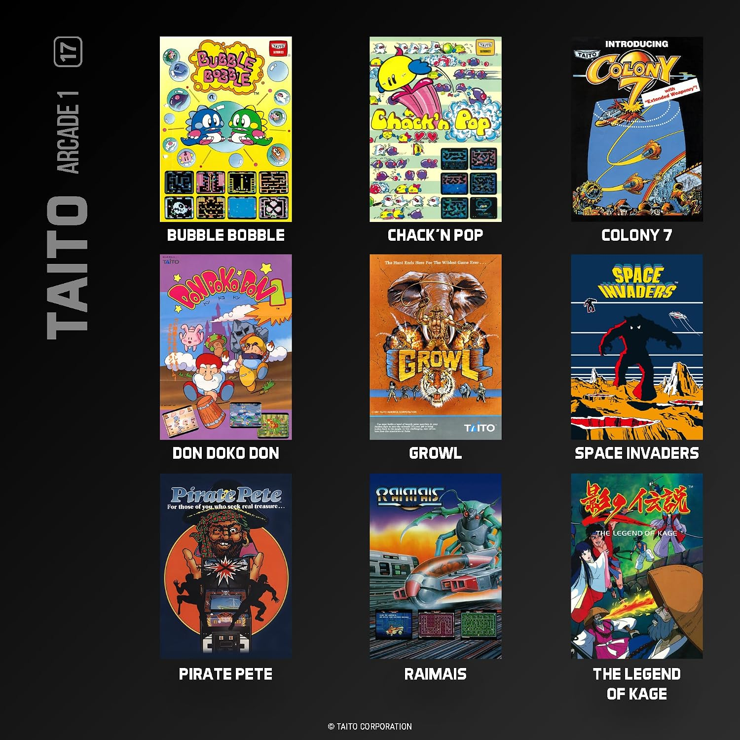 Un collage de nueve juegos arcade clásicos de Taito con carteles coloridos y títulos.