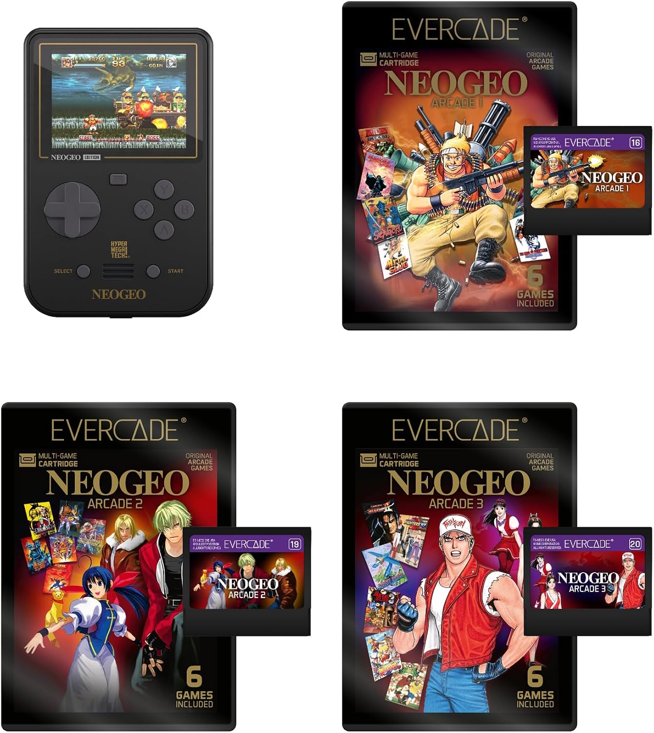 Consola portátil negra Evercade NeoGeo y tres cartuchos de juego con carátulas.