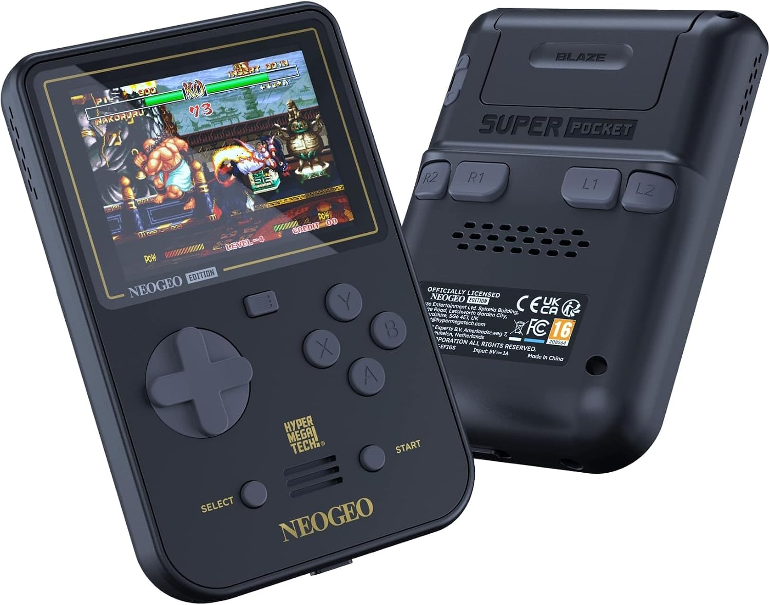 Consola portátil Super Pocket Neogeo negra con pantalla y botones.