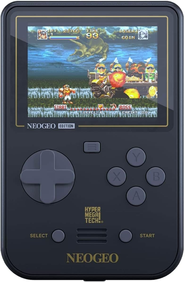Una consola de videojuegos portátil Neo Geo que muestra un juego de arte de píxeles en pantalla.