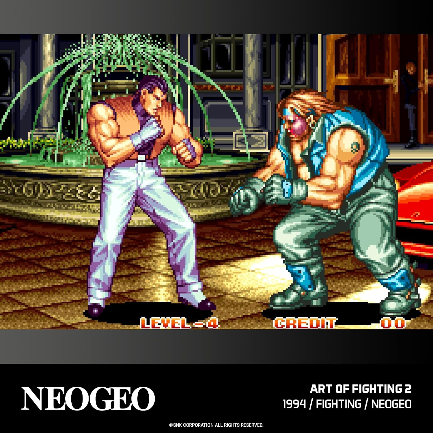 Escena de juego de lucha en pixel art con dos luchadores masculinos frente a una mansión con fuente.