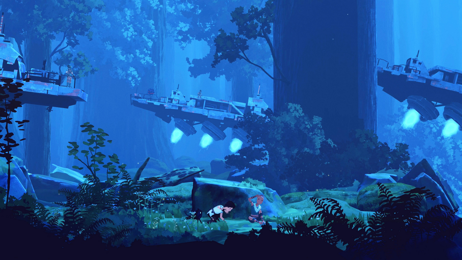 Personajes y un robot se esconden en un bosque azulado de naves voladoras entre grandes árboles.