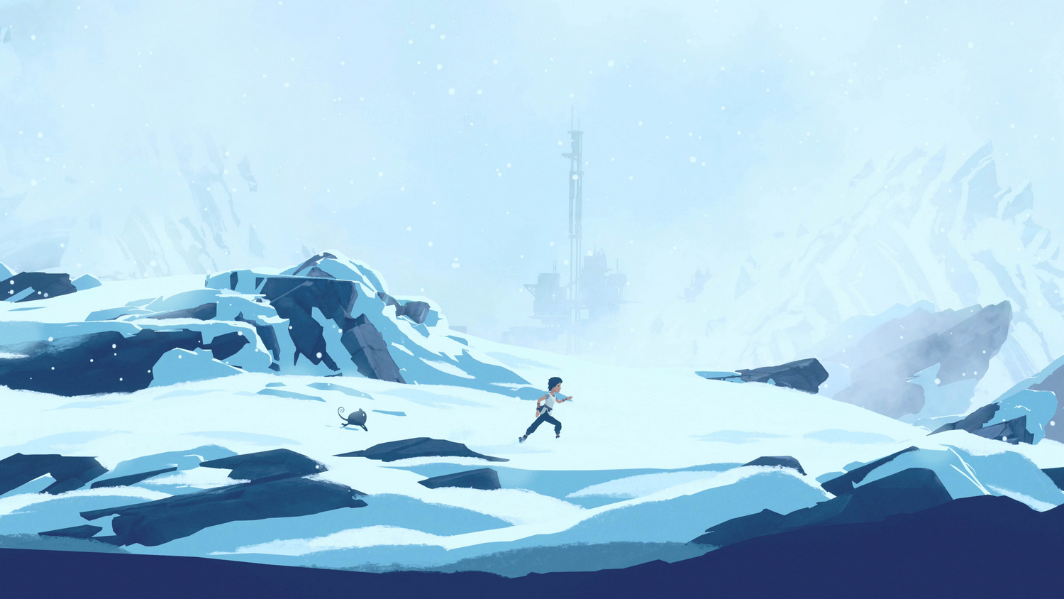 Una figura corre por un paisaje montañoso cubierto de nieve con una estructura lejana en la bruma.