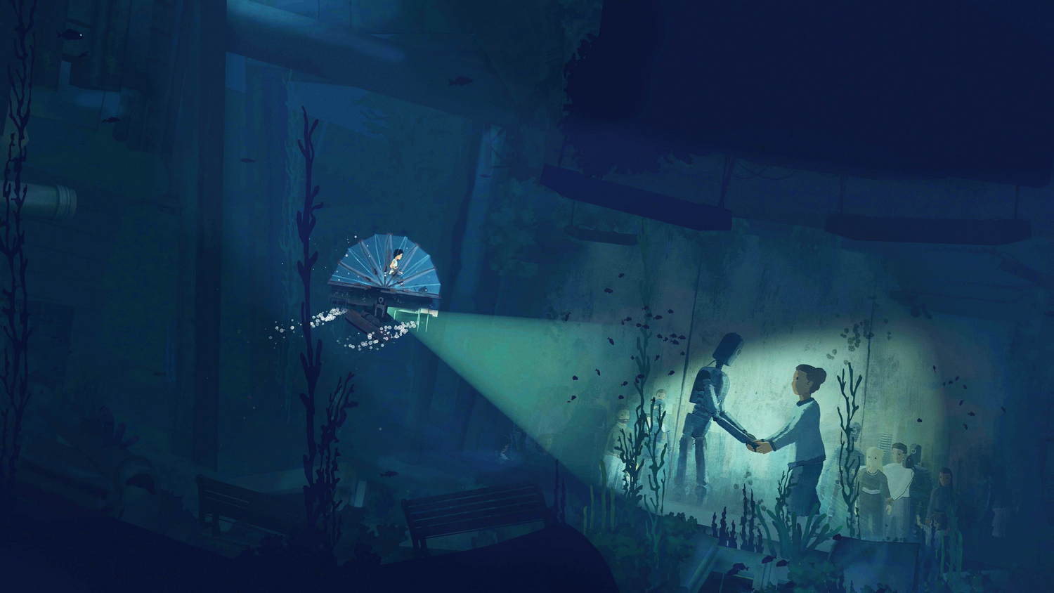 Un sumergible ilumina una oscura escena submarina con un robot y personas.