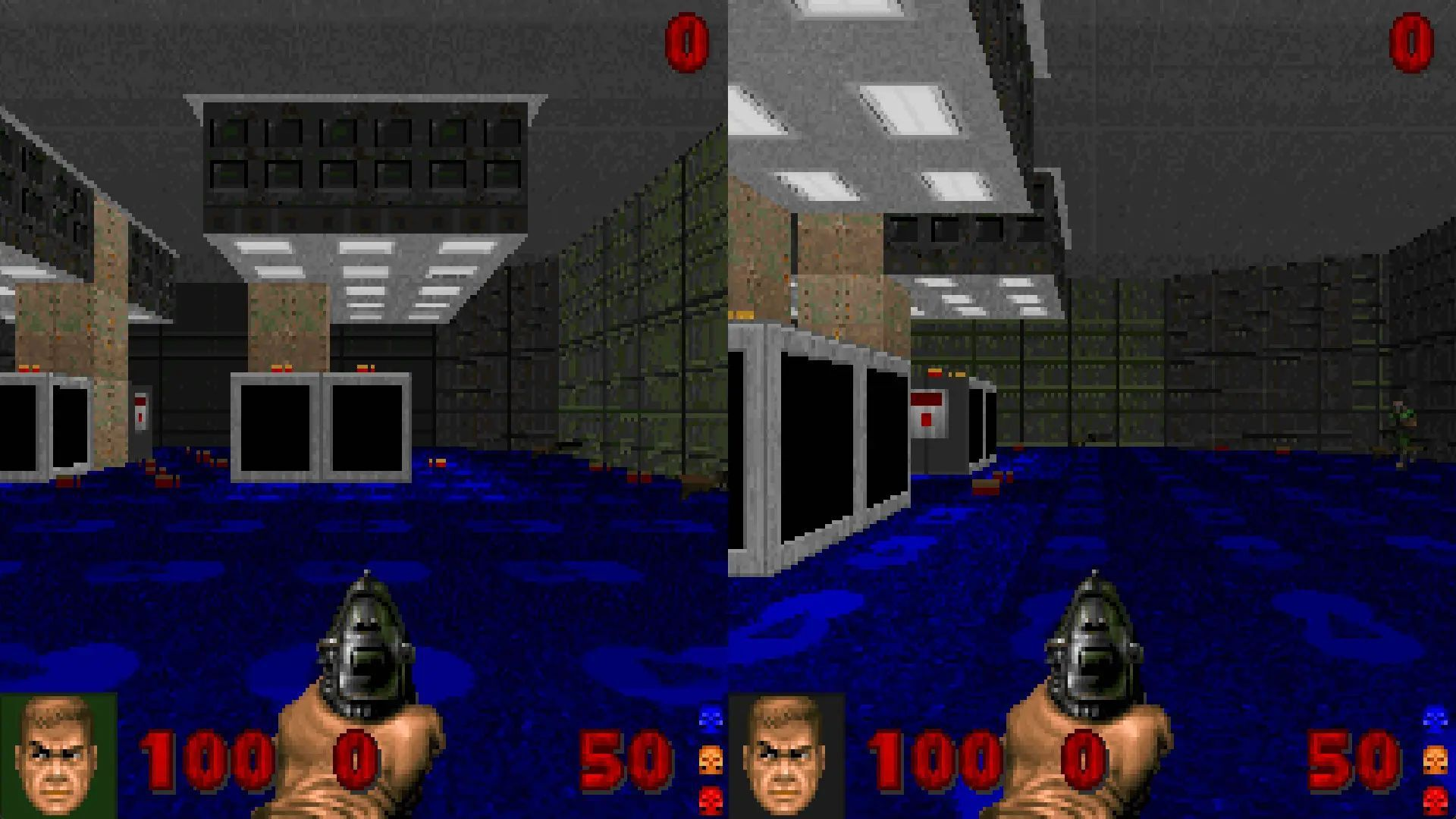 Una pantalla dividida que muestra una escena de disparos retro pixelada con un arma en primer plano y pisos azules.