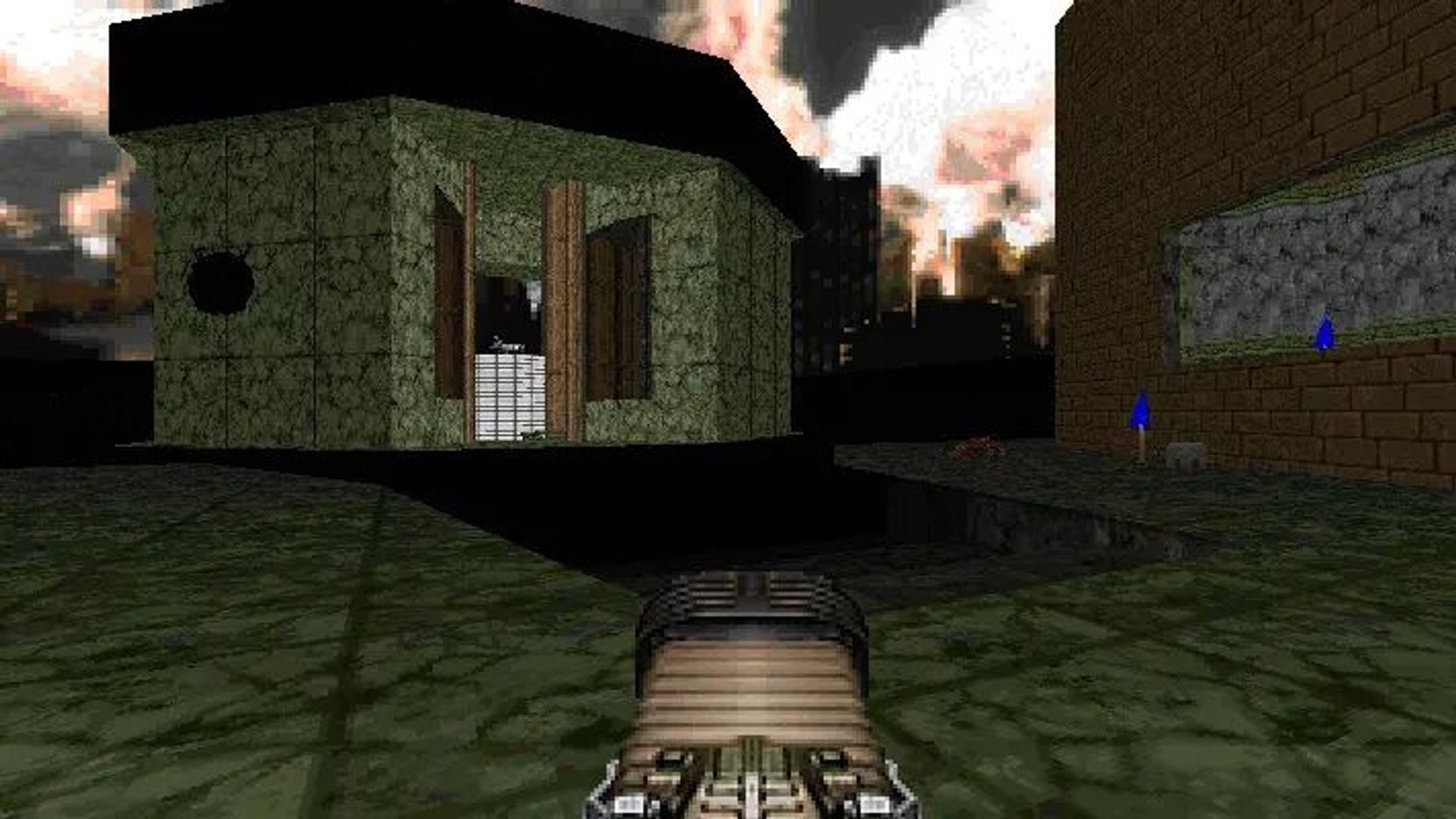 Una escena retro pixelada de disparos en primera persona con un edificio de piedra, un cañón de arma y un cielo oscuro.
