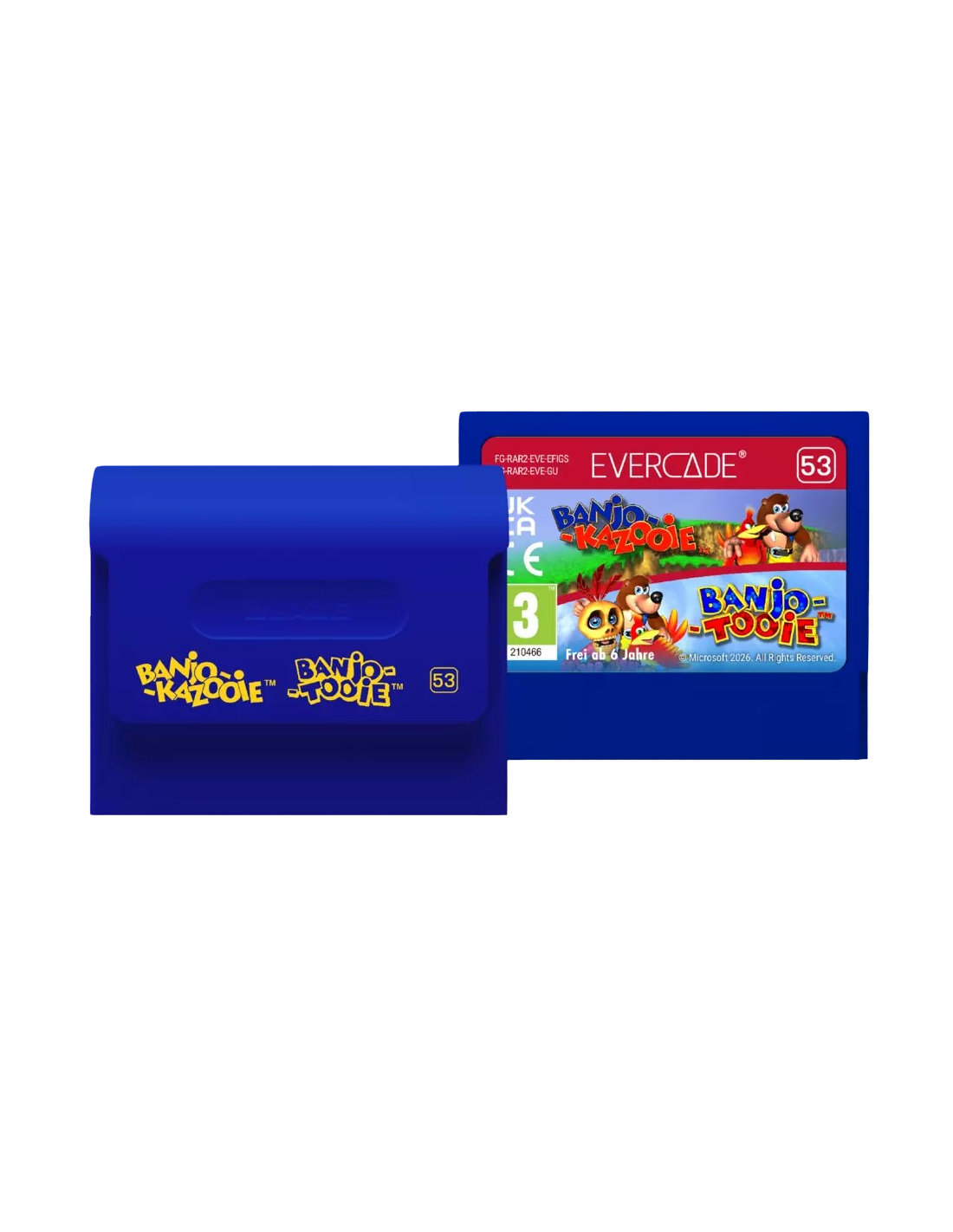 Cartucho de juego Evercade azul con logotipos de Banjo-Kazooie y Banjo-Tooie y funda protectora.
