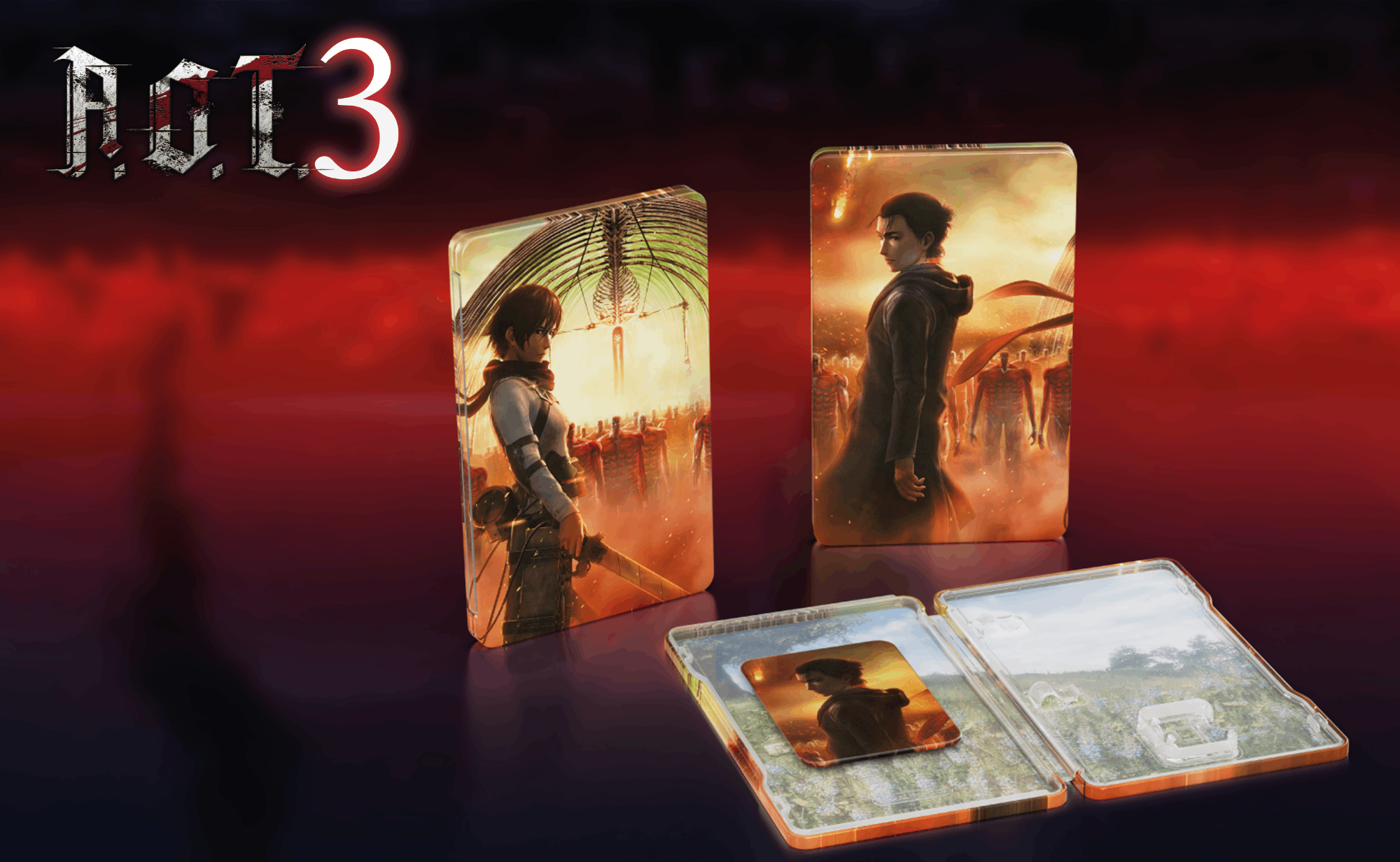 Steelbook de Attack on Titan Act 3 con personajes sobre fondo rojo y naranja, y estuche abierto.