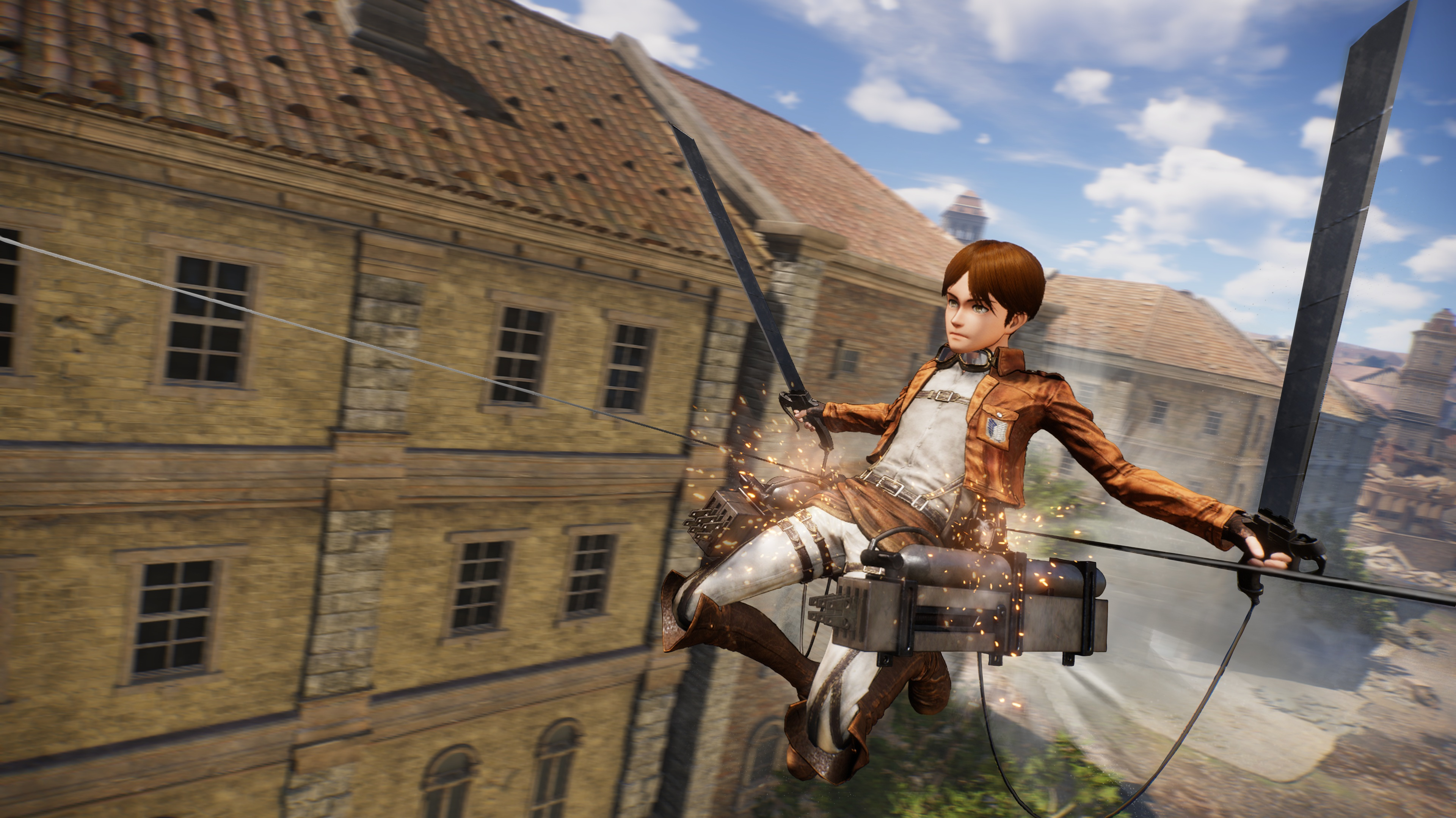 Personaje de anime volando con espadas y equipo en cables frente a edificios históricos.
