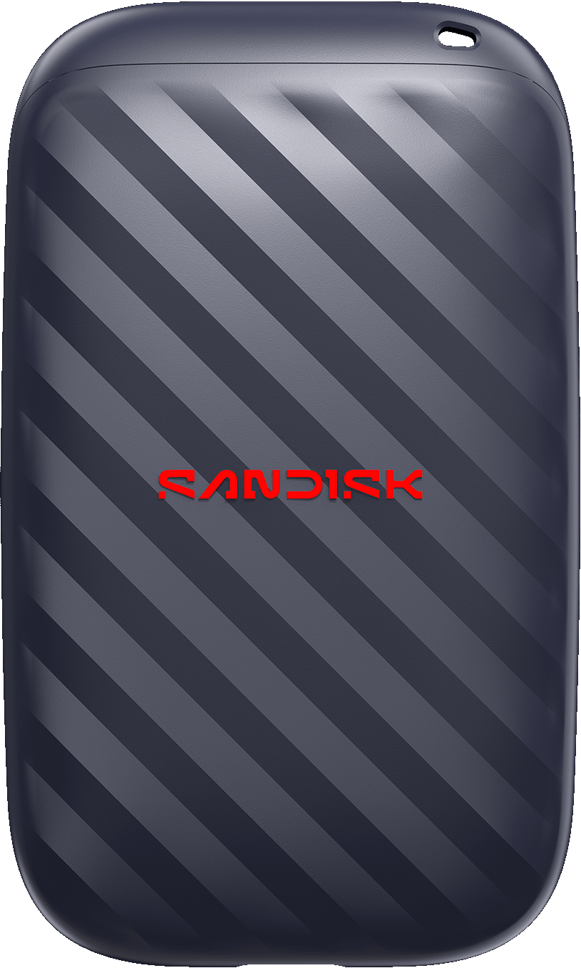 Dunkelgraue, tragbare Sandisk-Festplatte mit diagonalen Streifen und rotem Logo auf schwarzem Hintergrund.