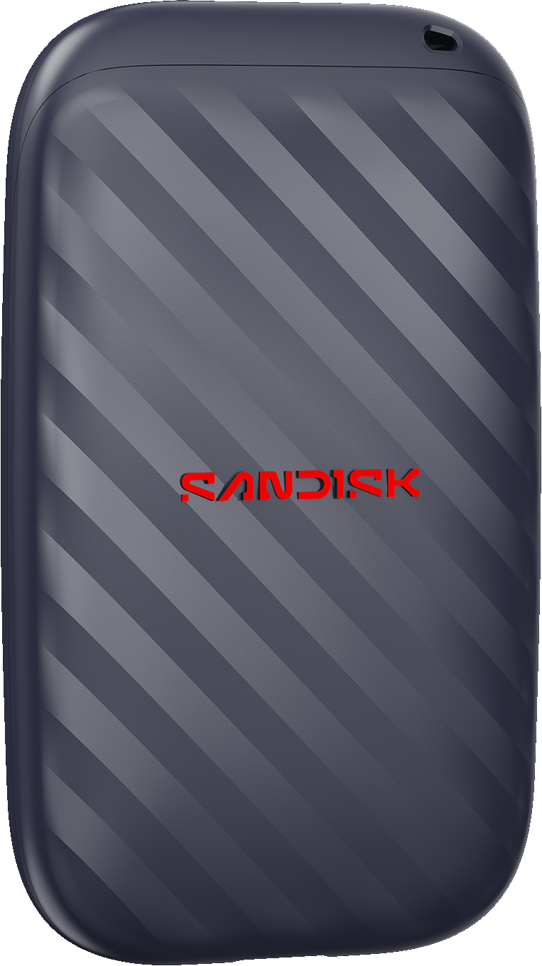Eine dunkelblaue SanDisk-Festplatte mit diagonalen Streifen und rotem Logo.
