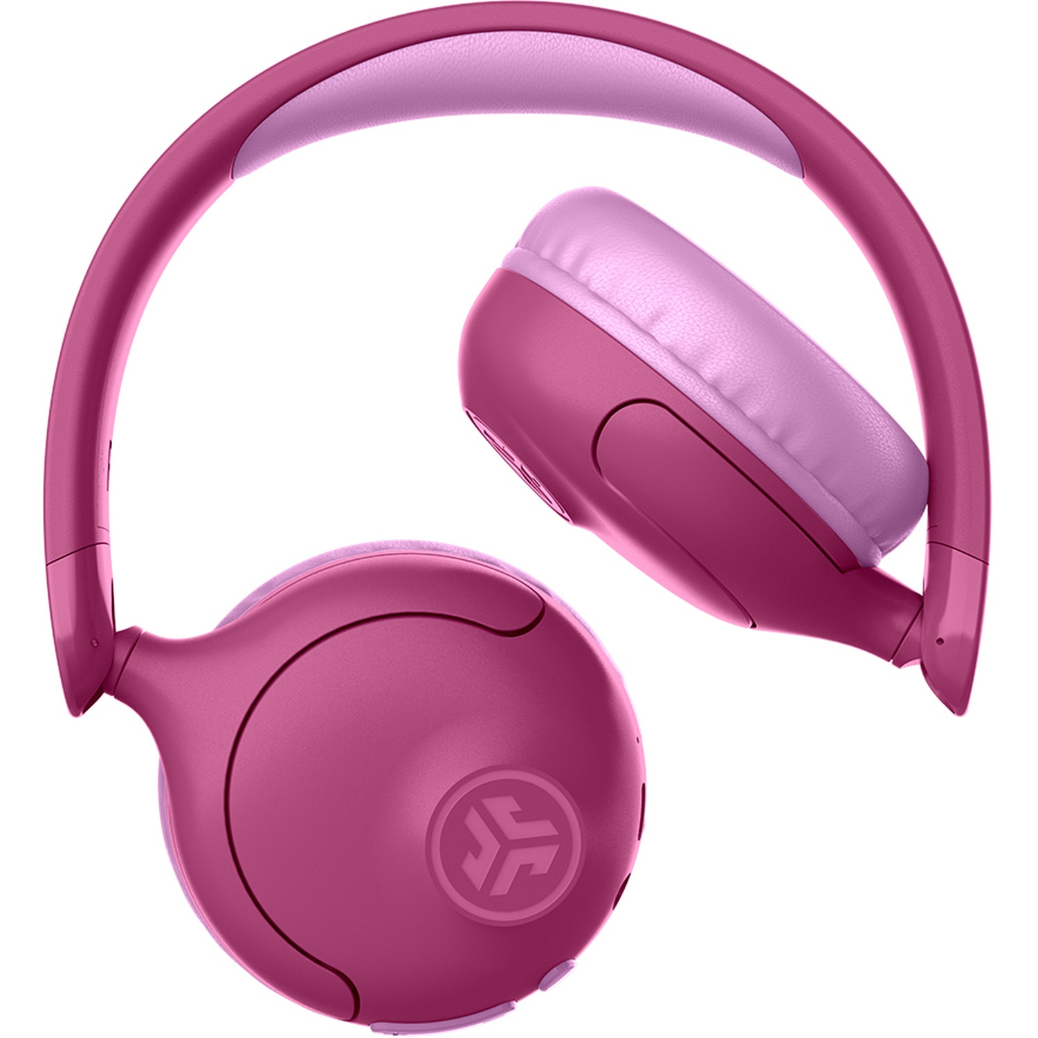 Casque supra-auriculaire rose avec coussinets doux sur fond blanc.