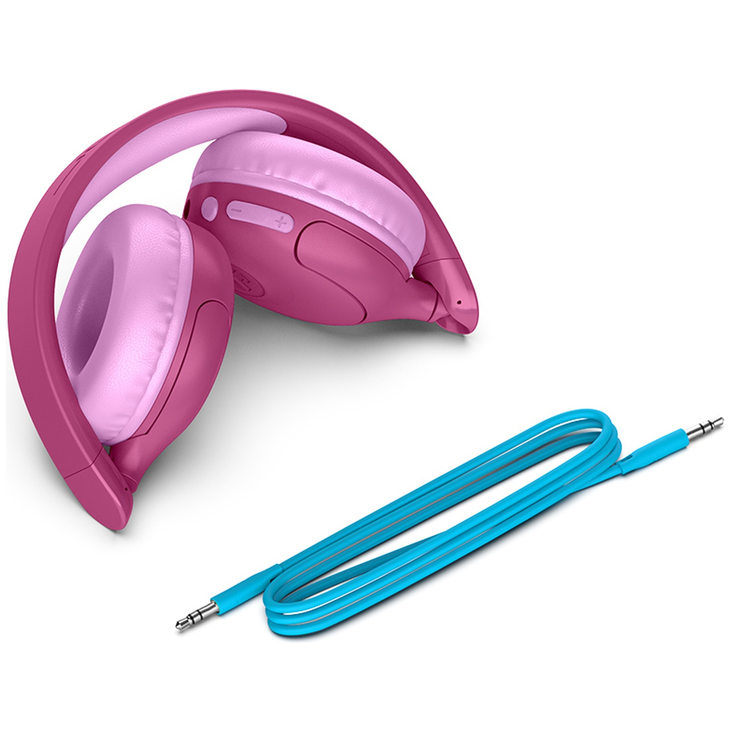 Casque audio pour enfant rose et rose clair avec un câble audio bleu sur fond blanc.