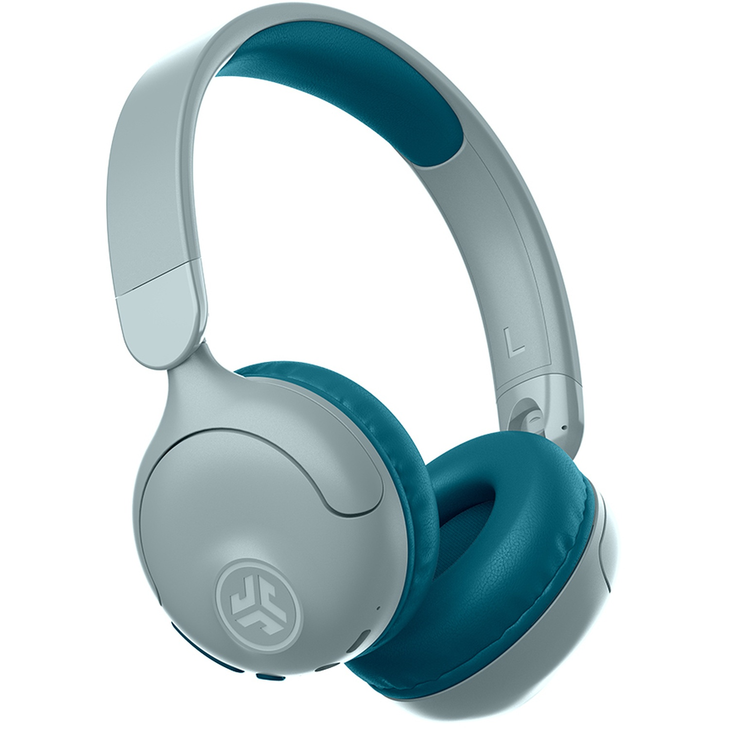 Casque sans fil gris clair avec coussinets et rembourrage d'arceau bleu sarcelle.