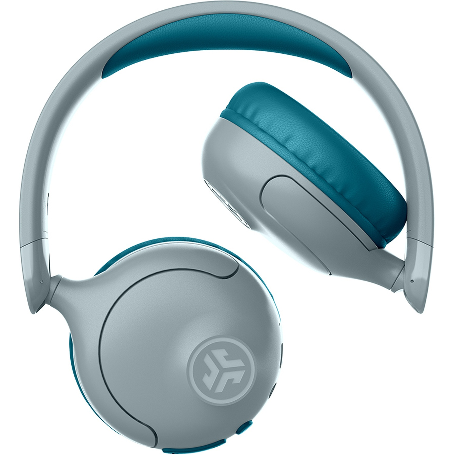 Casque supra-auriculaire gris et sarcelle avec un logo sur l'écouteur sur fond blanc.