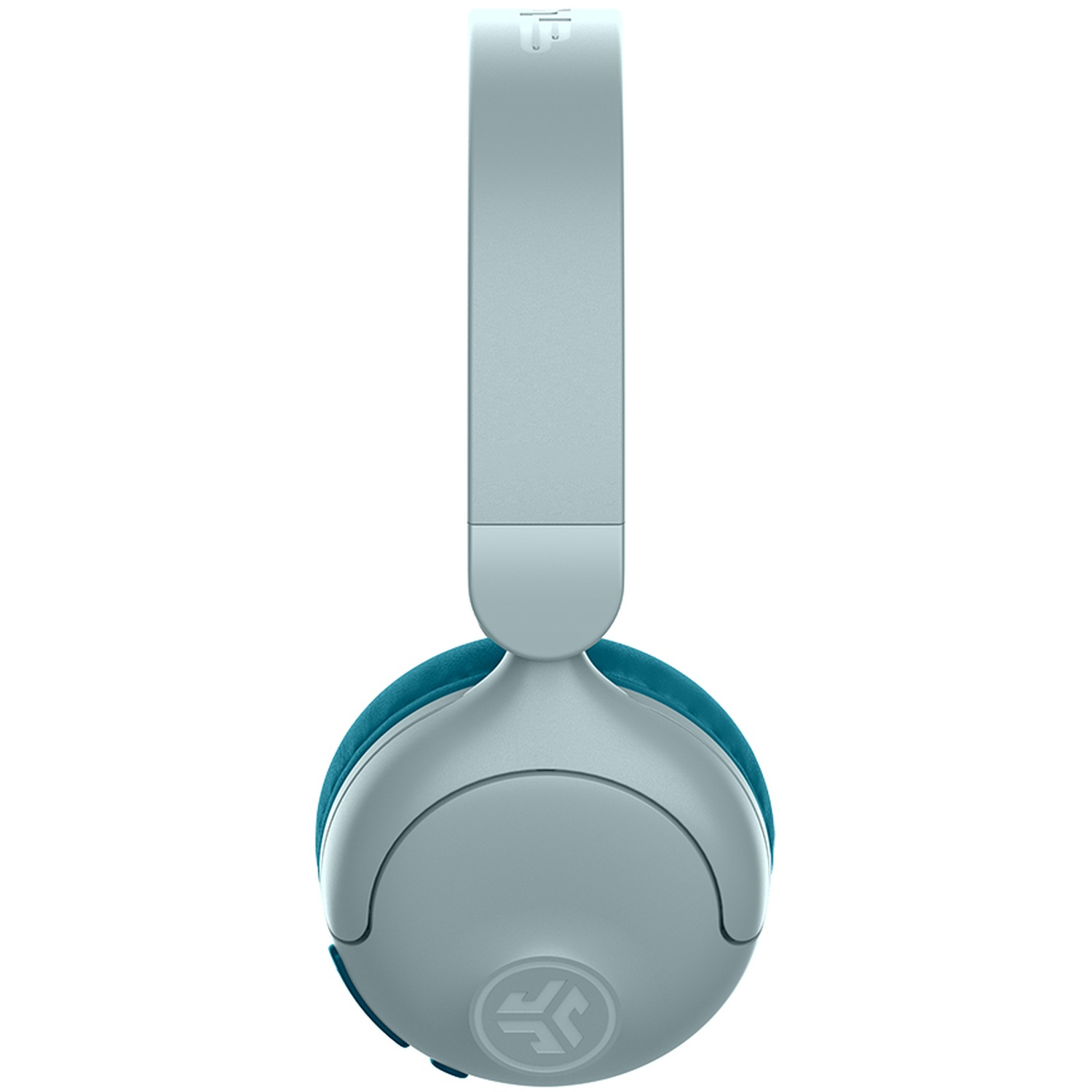 Casque supra-auriculaire bleu clair avec coussinets bleu foncé et logo sur fond blanc.