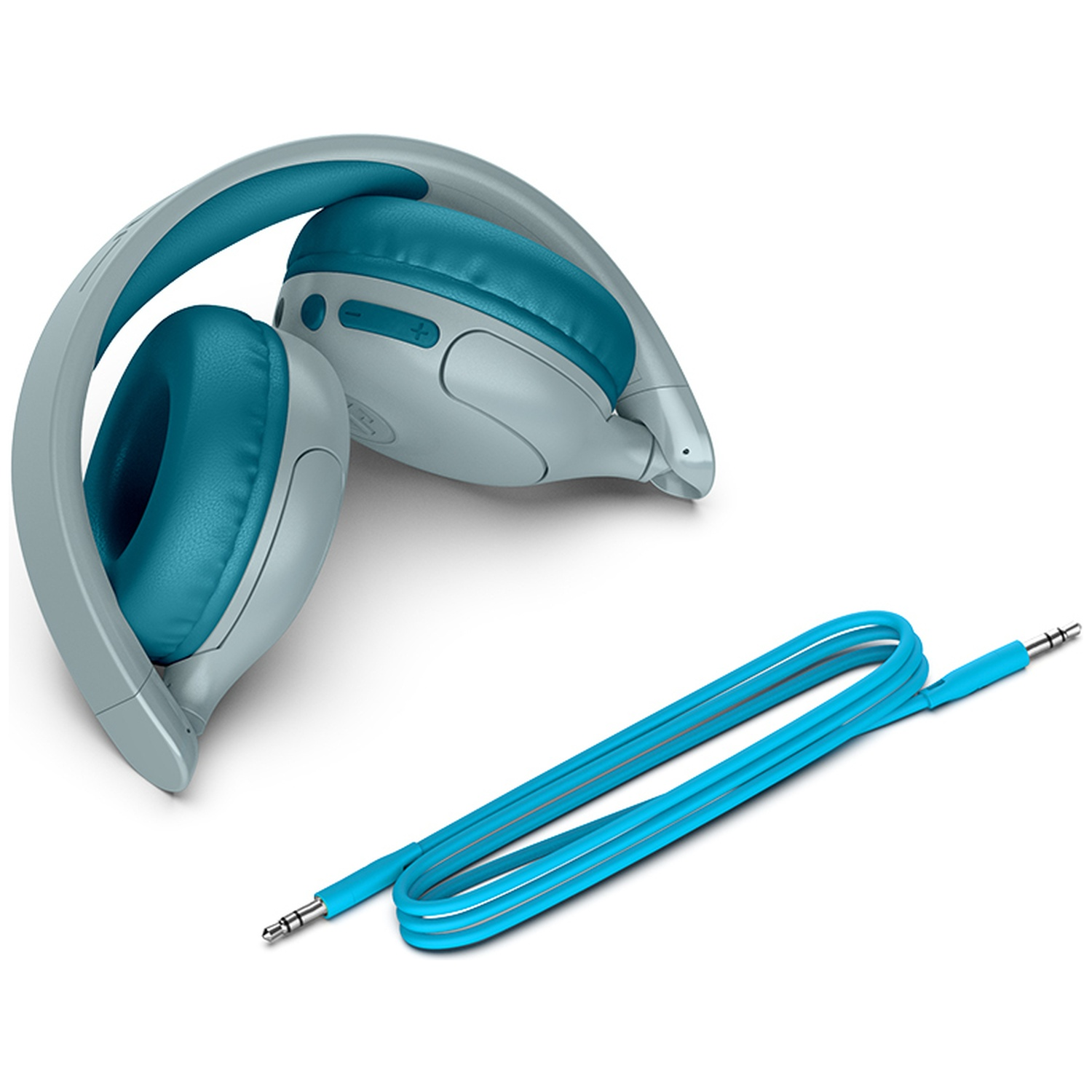 Casque pliable gris et turquoise avec câble audio assorti sur fond blanc.