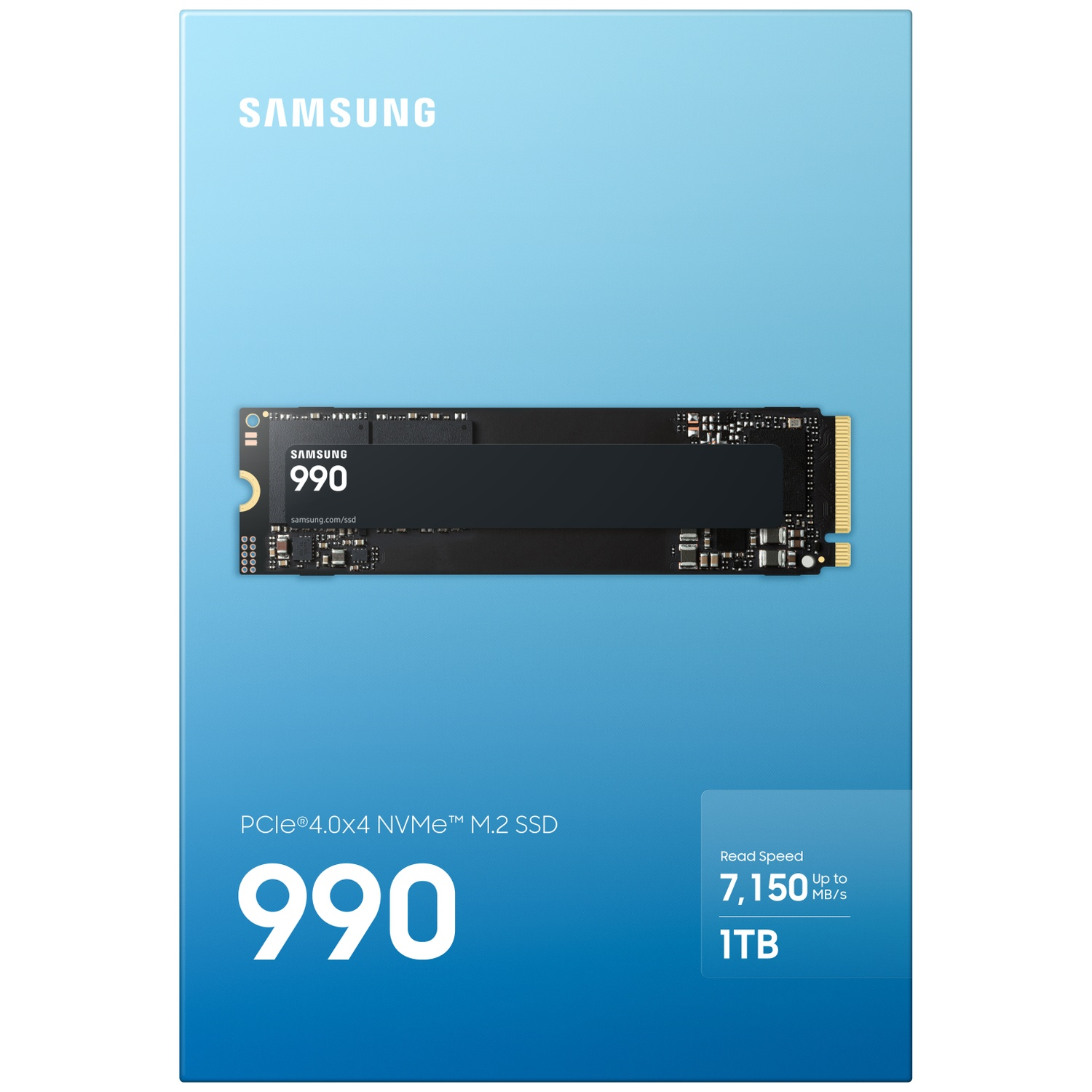 SSD Samsung 990 PRO M.2 NVMe sur emballage bleu avec texte et spécifications.