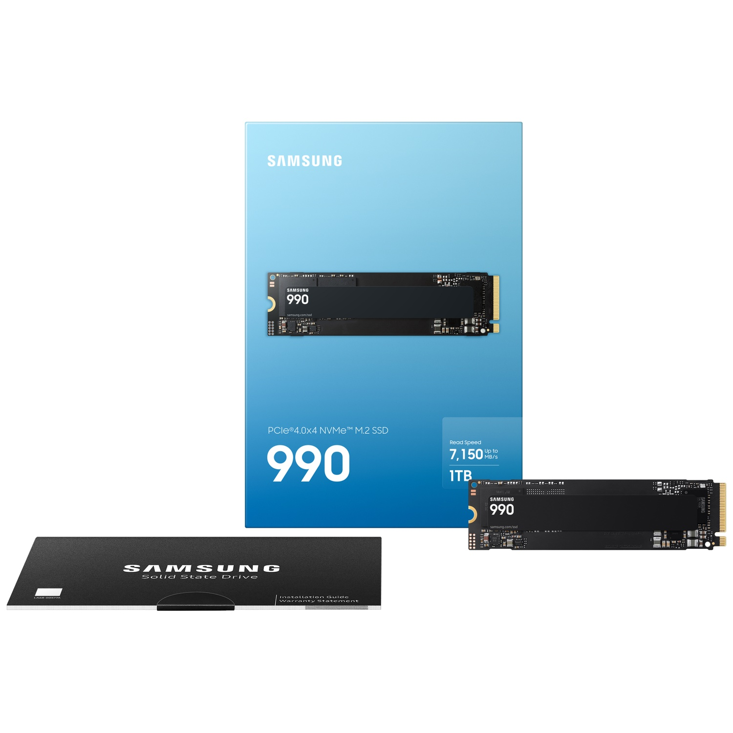 SSD M.2 Samsung 990 Pro avec emballage bleu et manuel d'installation sur fond blanc.