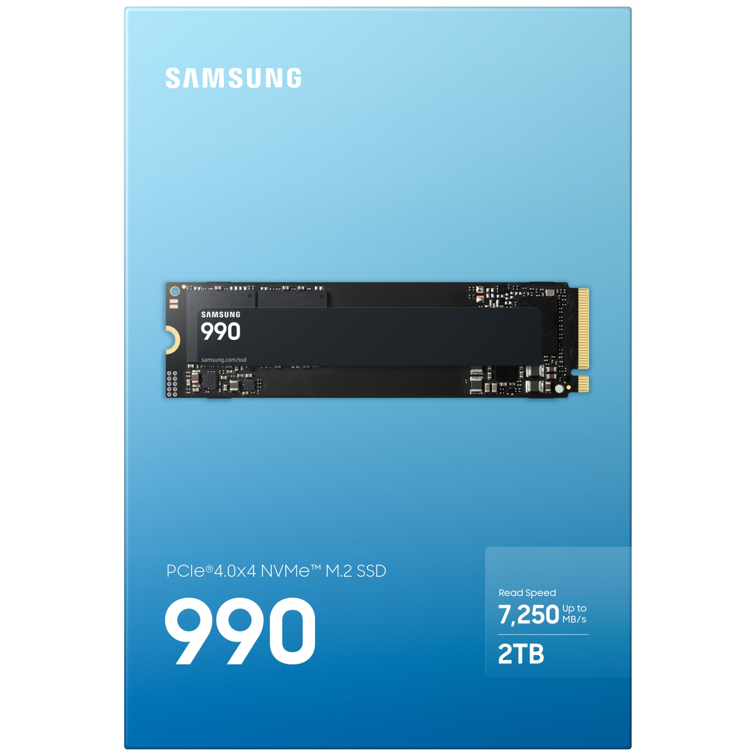SSD M.2 NVMe Samsung 990 Pro 2 To sur fond bleu.