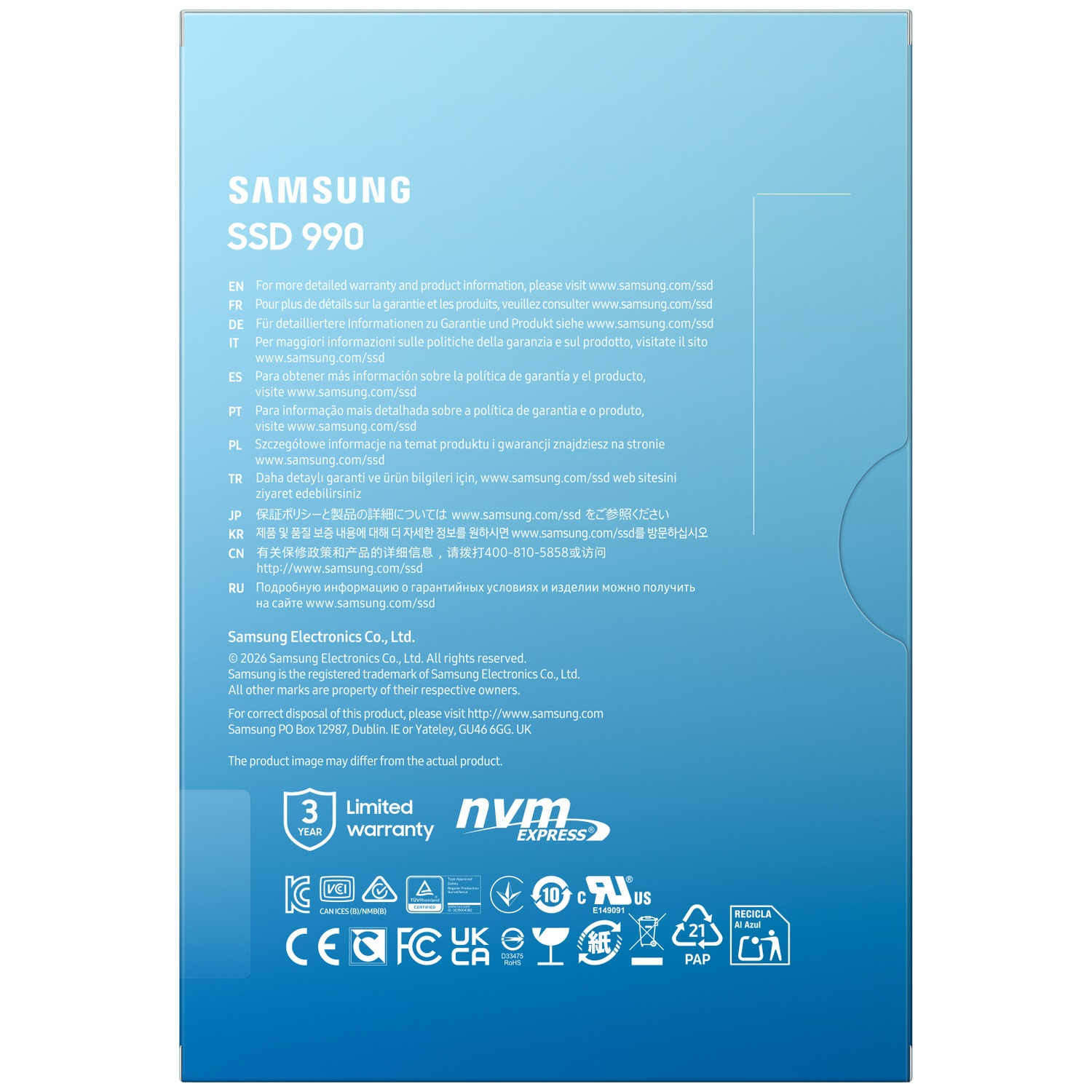 Dos d'une boîte de produit bleue Samsung SSD 990 avec du texte et des logos.