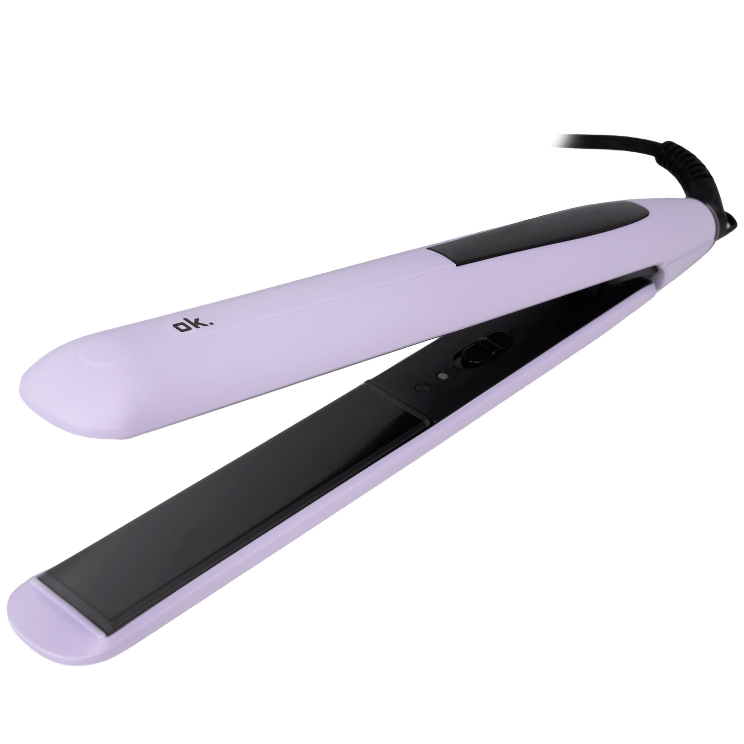 Un lisseur de cheveux violet clair avec des plaques chauffantes noires et un cordon sur fond blanc.