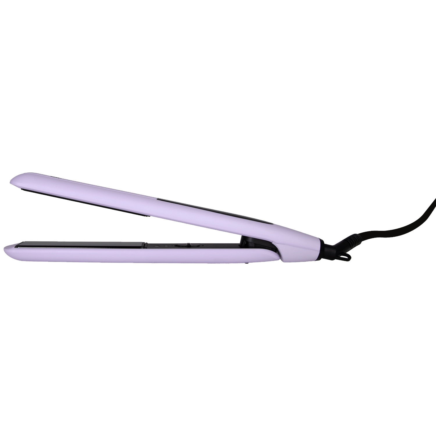 Un lisseur de cheveux violet clair avec un cordon d'alimentation noir sur fond blanc.
