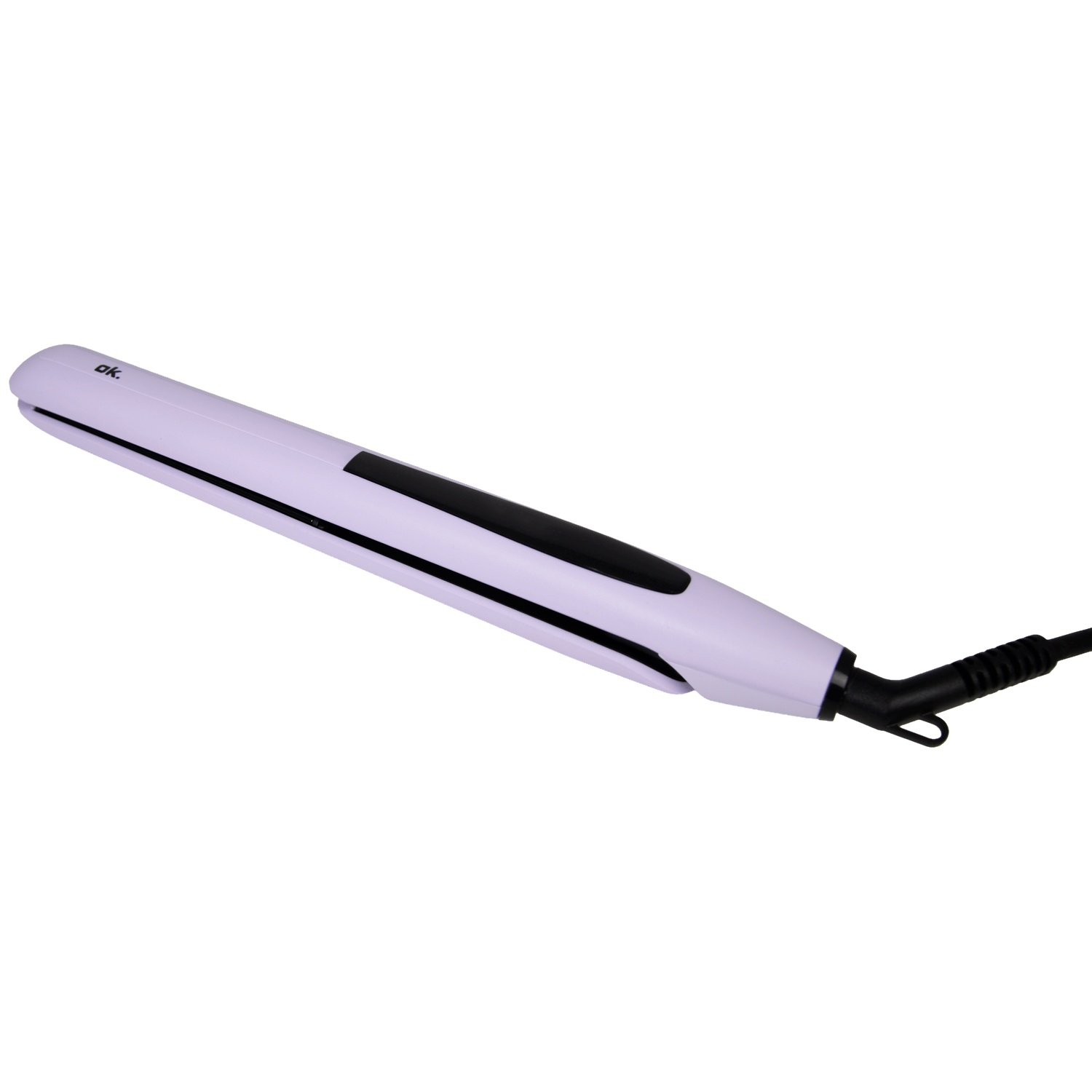Un lisseur à cheveux violet avec écran noir et cordon d'alimentation sur fond blanc.