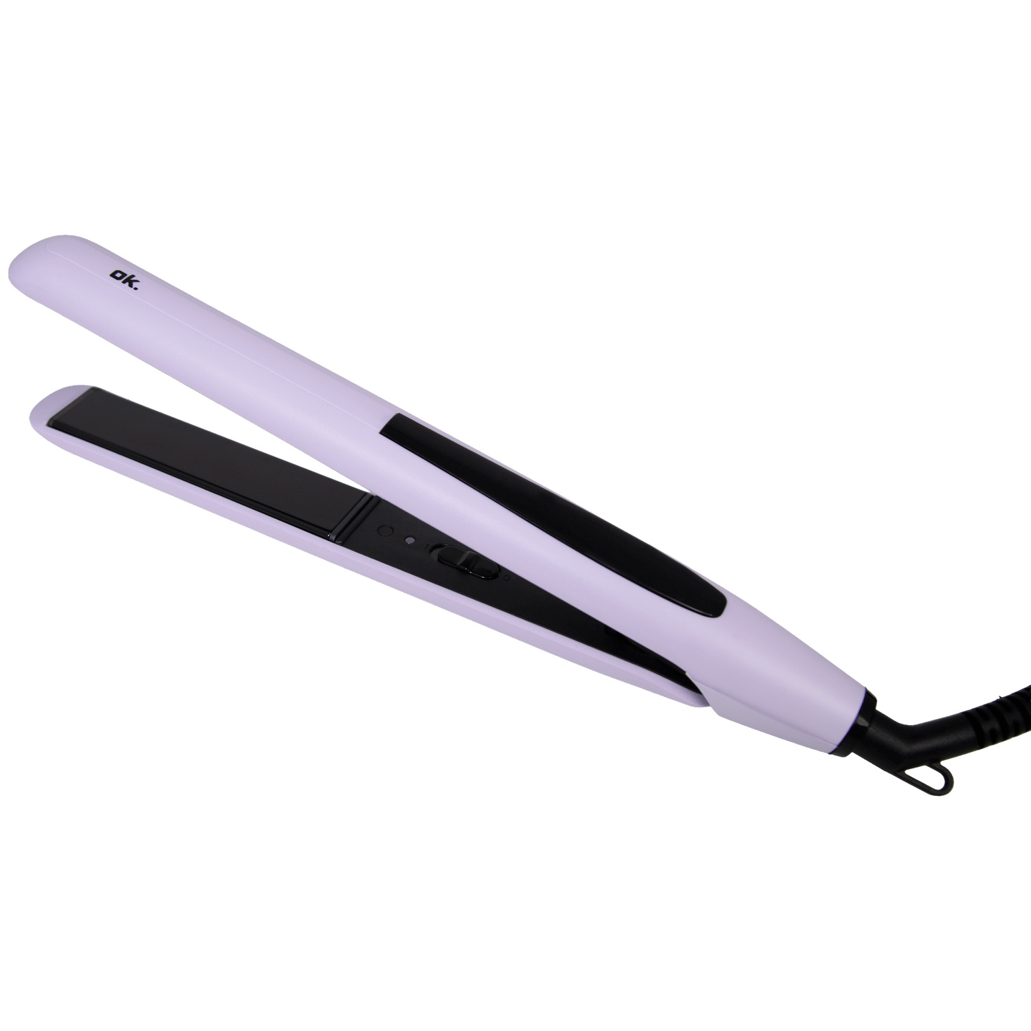 Un lisseur à cheveux violet et noir avec un cordon d'alimentation noir sur fond blanc.
