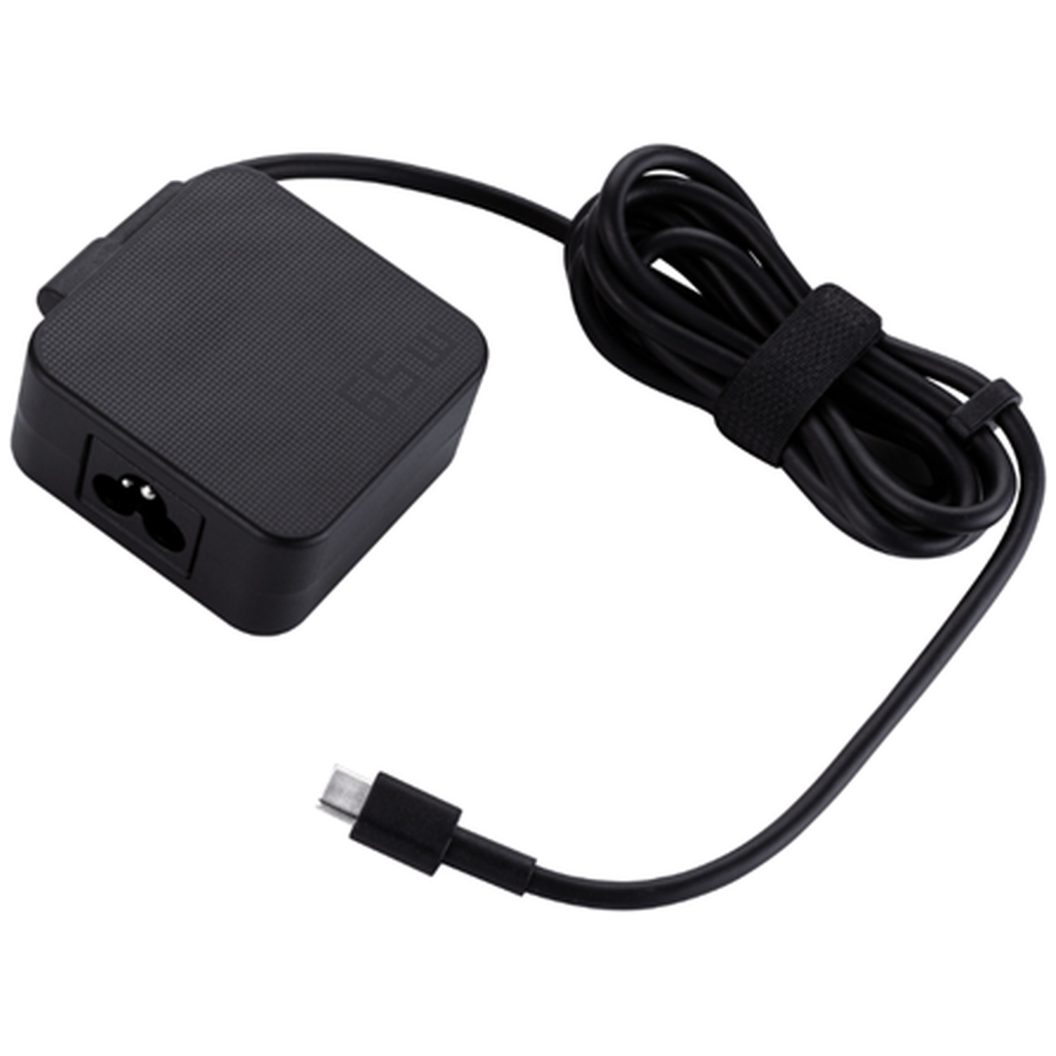 Adaptateur secteur noir 65W avec câble enroulé et connecteur USB-C sur fond blanc.