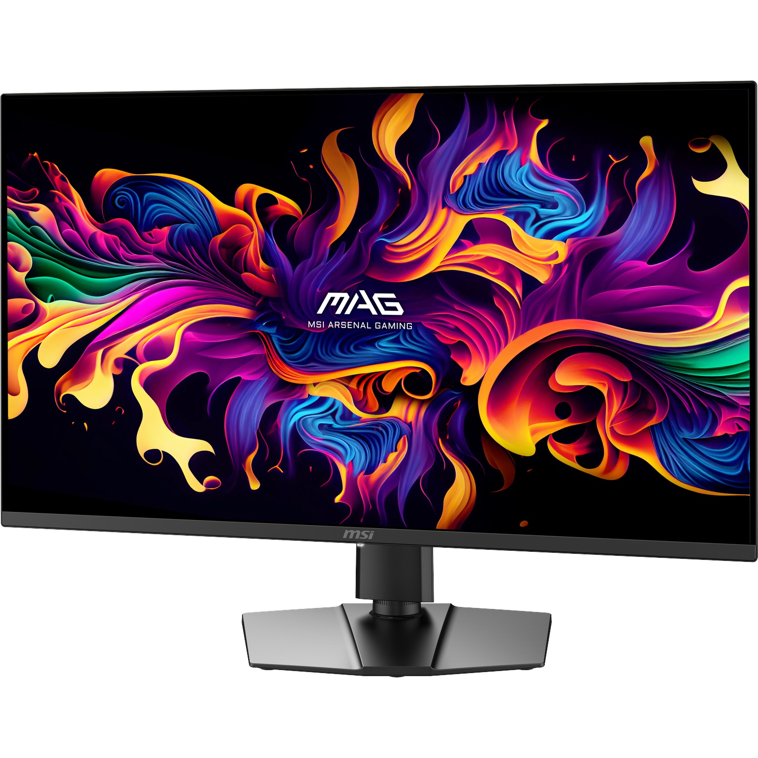 Een MSI-gamingmonitor met een levendige, kleurrijke abstracte verfswirl-achtergrond en het MAG-logo in het midden.