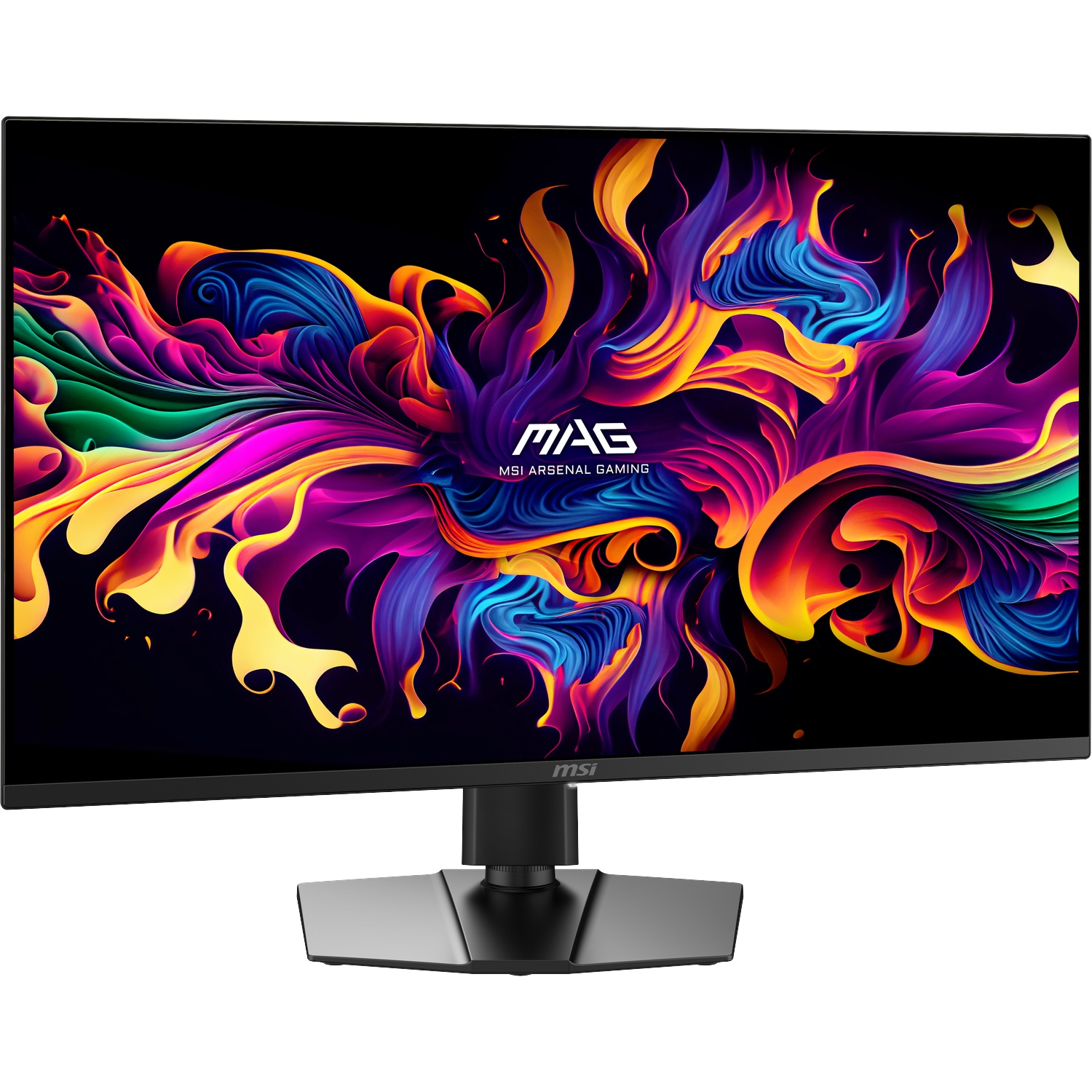 Een MSI-gamingmonitor met een levendige, abstracte achtergrond met kleurrijke, vlamachtige vormen.
