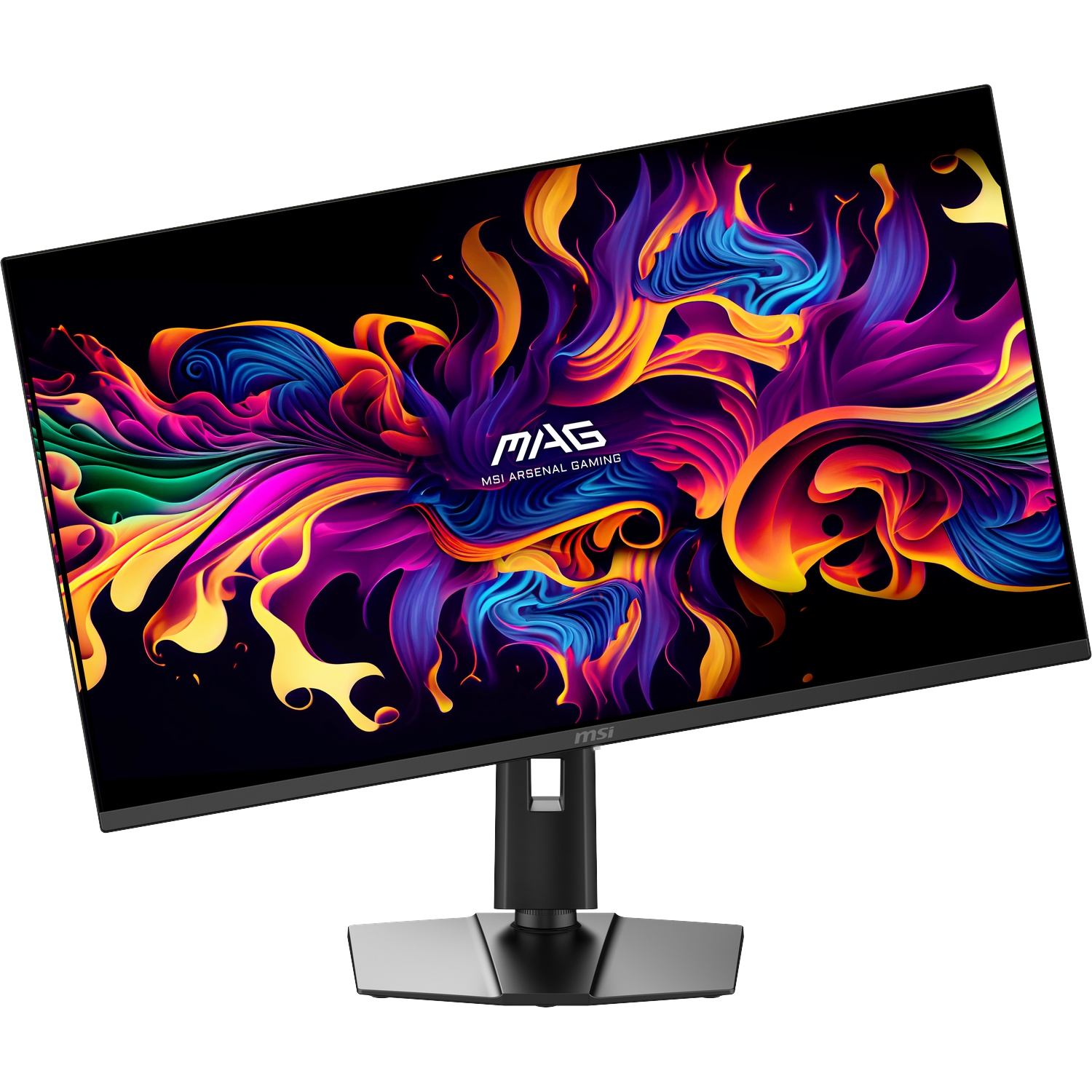 Een MSI-gamingmonitor toont een levendige, abstracte achtergrond met oranje, paarse en blauwe vloeistofvormen op zwart.