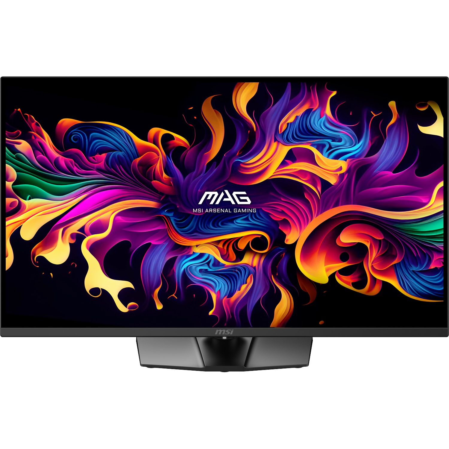 Een MSI gaming-monitor toont een kleurrijke, abstracte verfwerveling op een zwarte achtergrond.