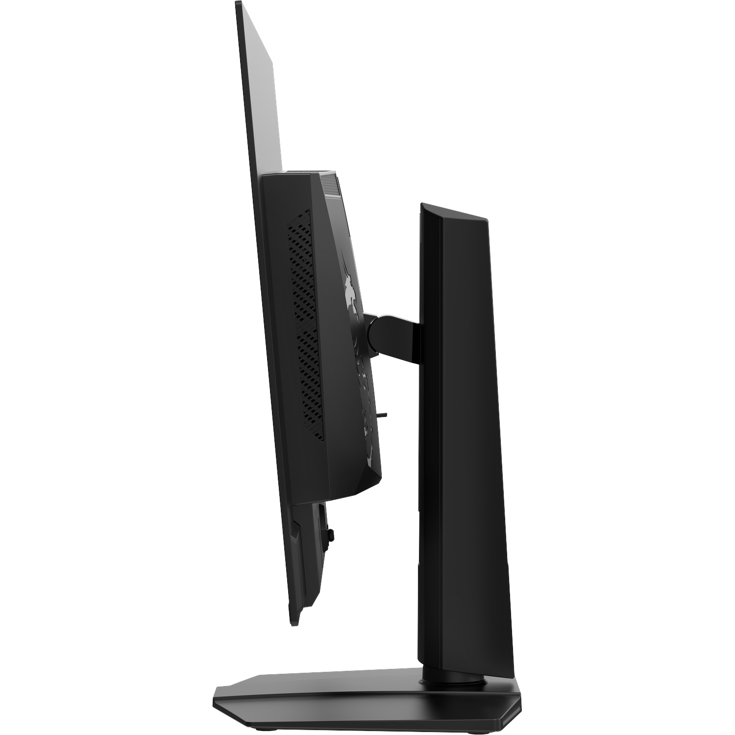 Zijaanzicht van een zwarte computermonitor met standaard op een witte achtergrond.