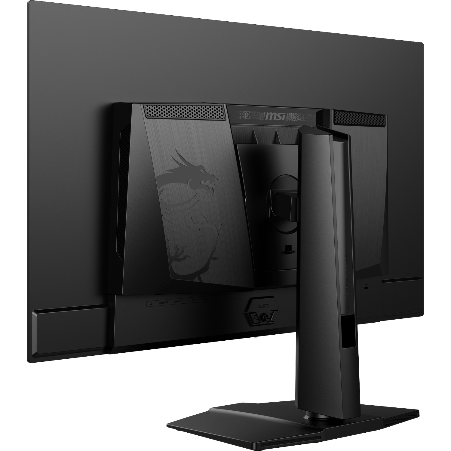 Achteraanzicht van een zwarte MSI gaming monitor met drakenlogo.