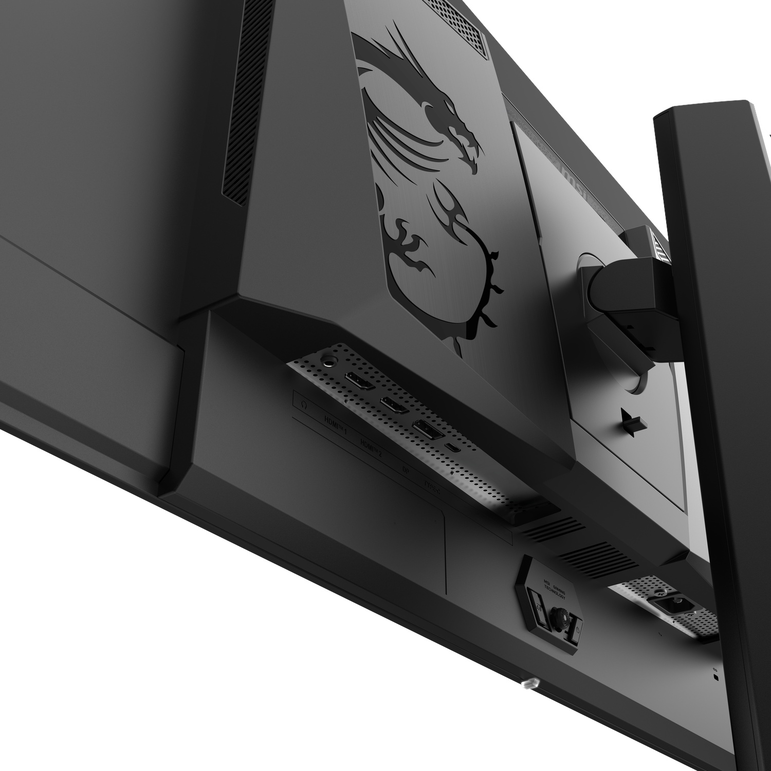 Achteraanzicht van een zwarte MSI gaming monitor met drakenlogo en meerdere aansluitpoorten.
