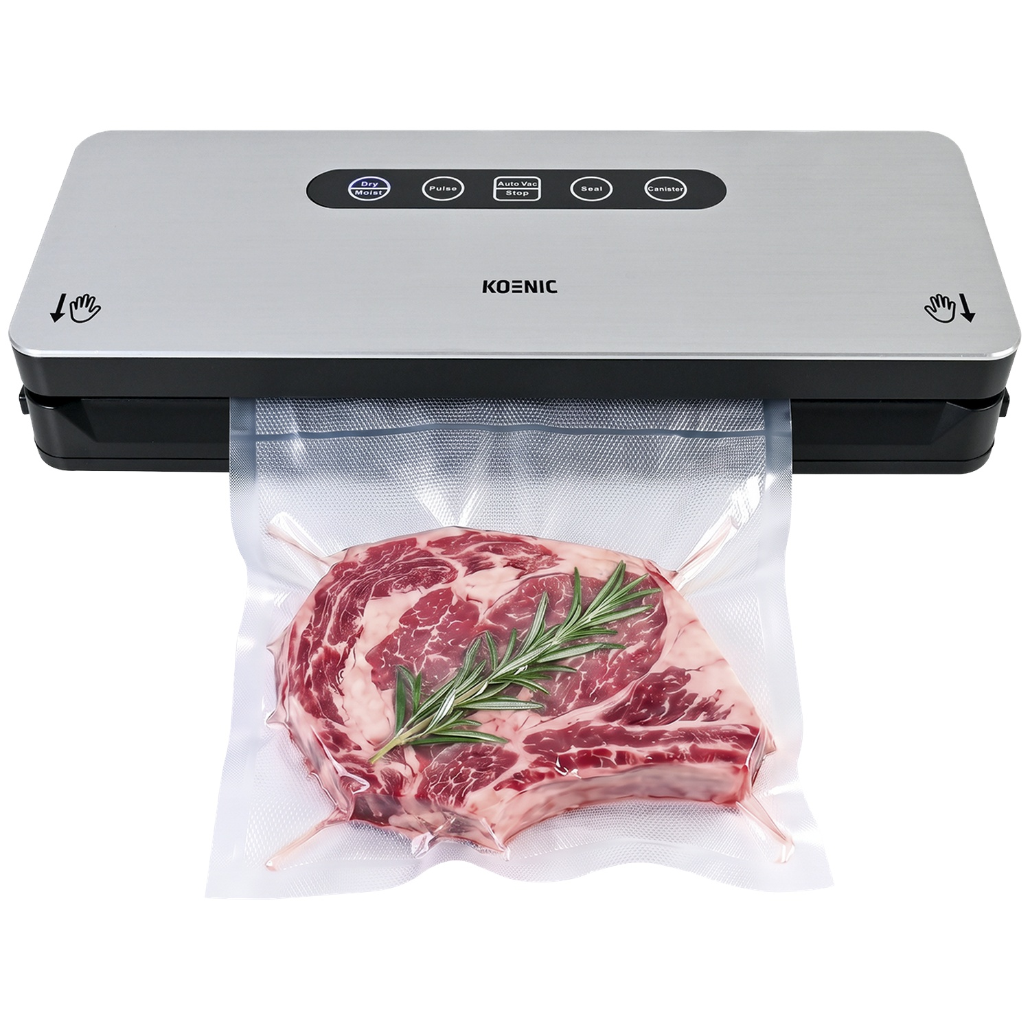 A silver and black vacuum sealer seals a raw ribeye steak with rosemary in a textured plastic bag.