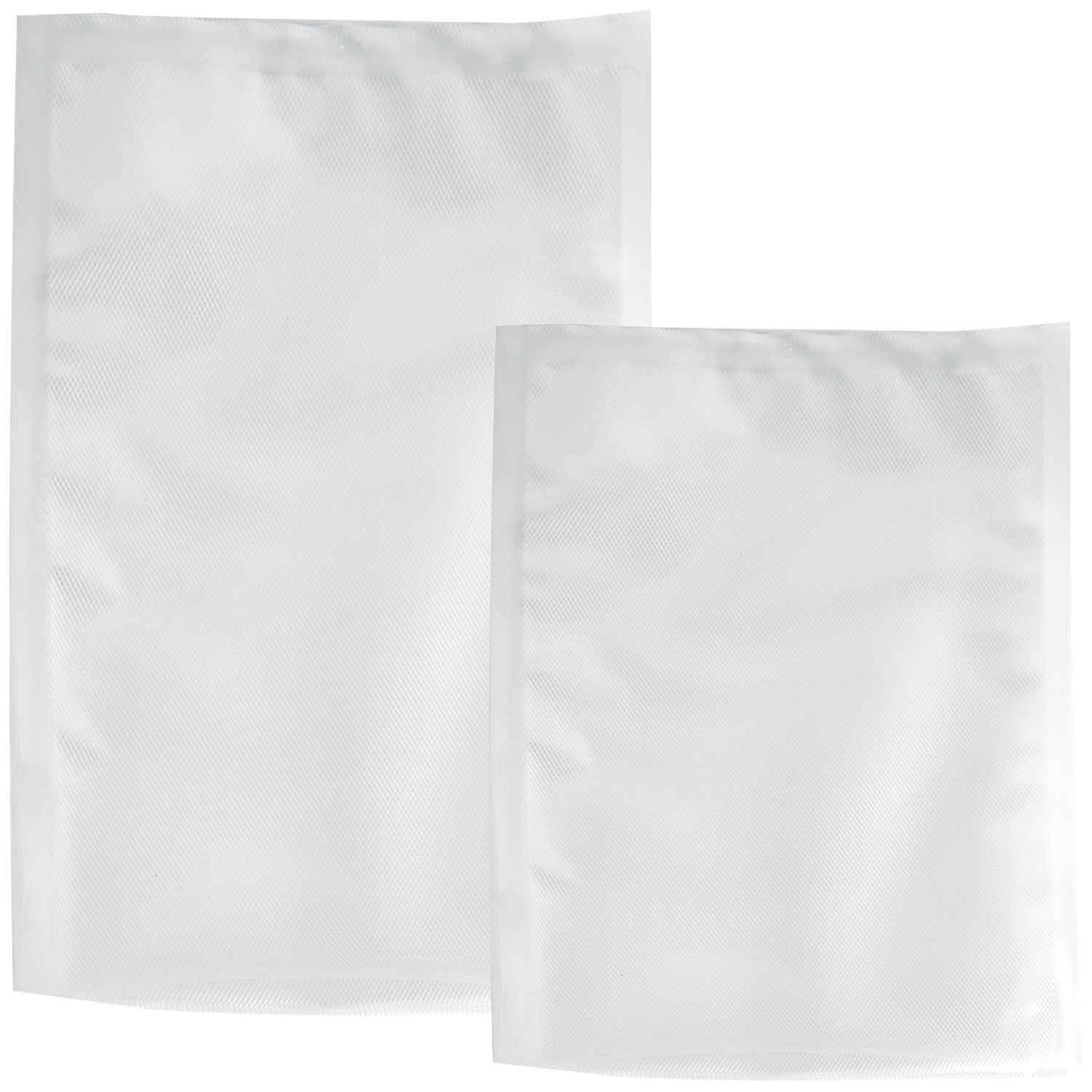 Two white vacuum sealing bags with a diamond texture on a white background.