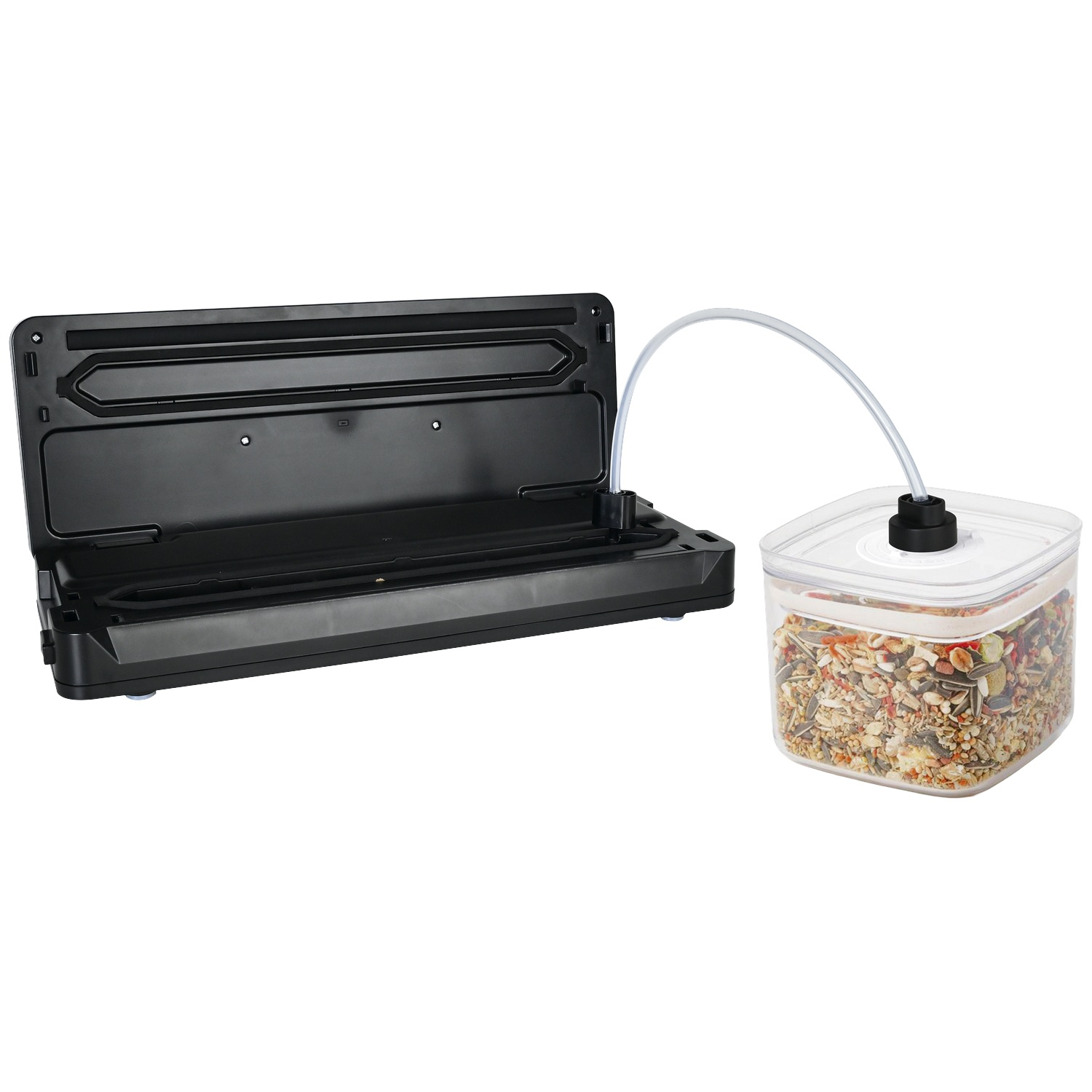 A black vacuum sealer is connected by a hose to a square storage container filled with grains.
