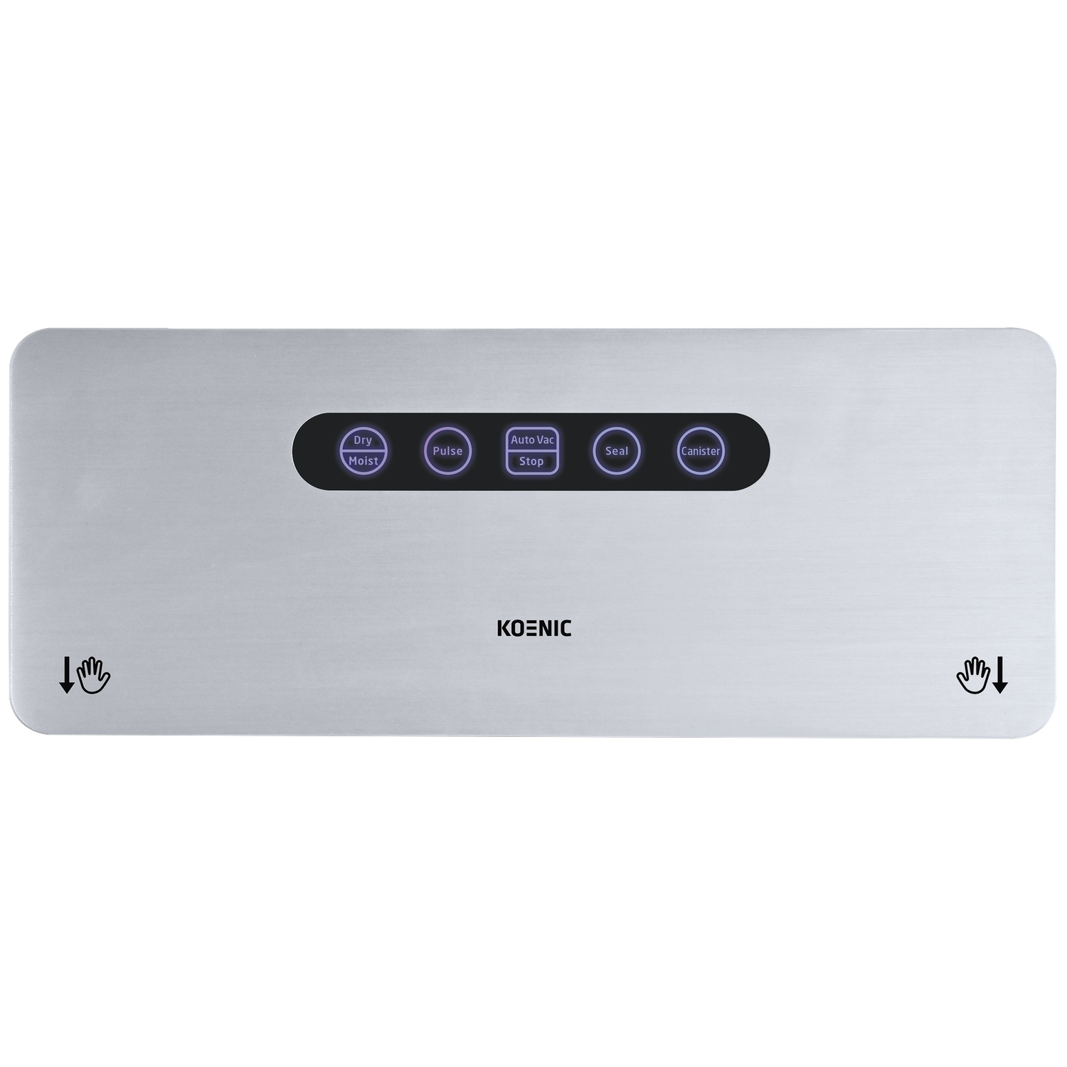 A silver vacuum sealer top with a black control panel, Koenic logo, and push symbols on both sides.