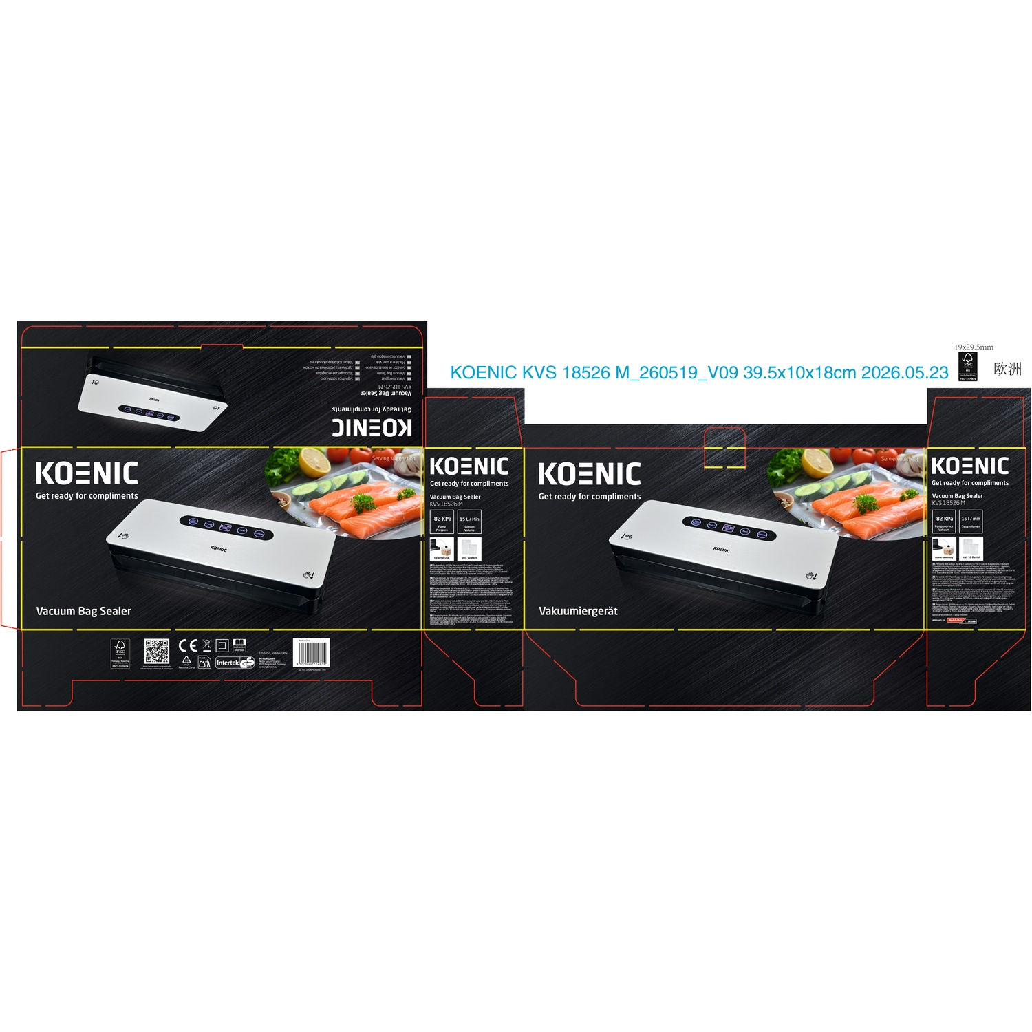 Packaging design for a Koenic vacuum sealer showing product images and specs.